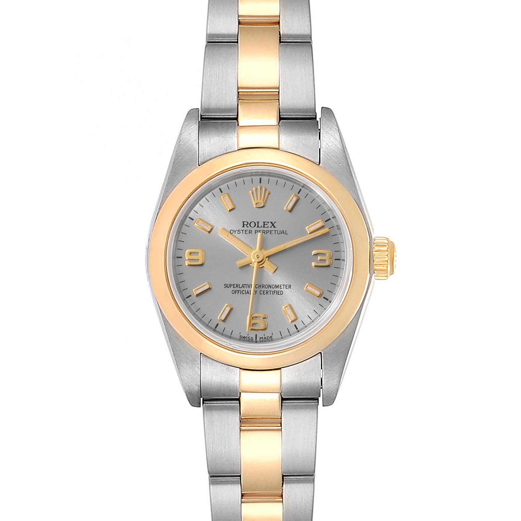 The Rolex Oyster Perpetual 76183 Women's Steel and Gold (two tone) Grey Dial 76183 Women's Steel and Gold (two tone) Grey Dial watch is shown from a top-down angle, highlighting its gray dial, gold hands, and two-tone bracelet.