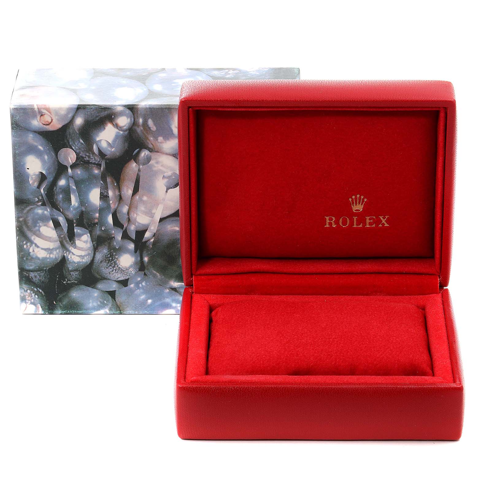 The image shows an empty red Rolex Oyster Perpetual 76183 Women's Steel and Gold (two tone) Grey Dial 76183 Women's Steel and Gold (two tone) Grey Dial watch box and an outer box decorated with a pearl-like pattern.
