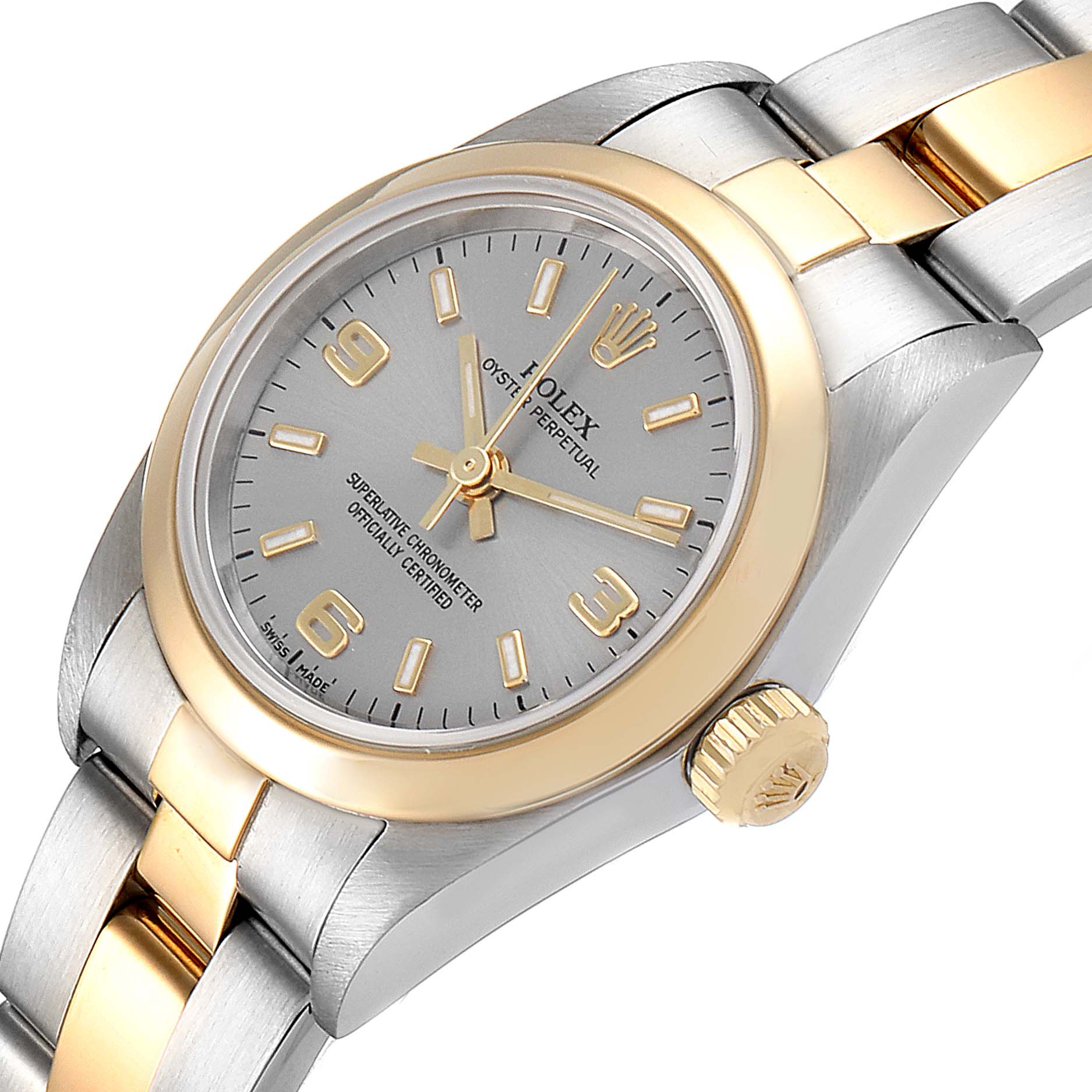 This image shows an angled view of a Rolex Oyster Perpetual 76183 Women's Steel and Gold (two tone) Grey Dial 76183 Women's Steel and Gold (two tone) Grey Dial, highlighting the dial and part of the bracelet.
