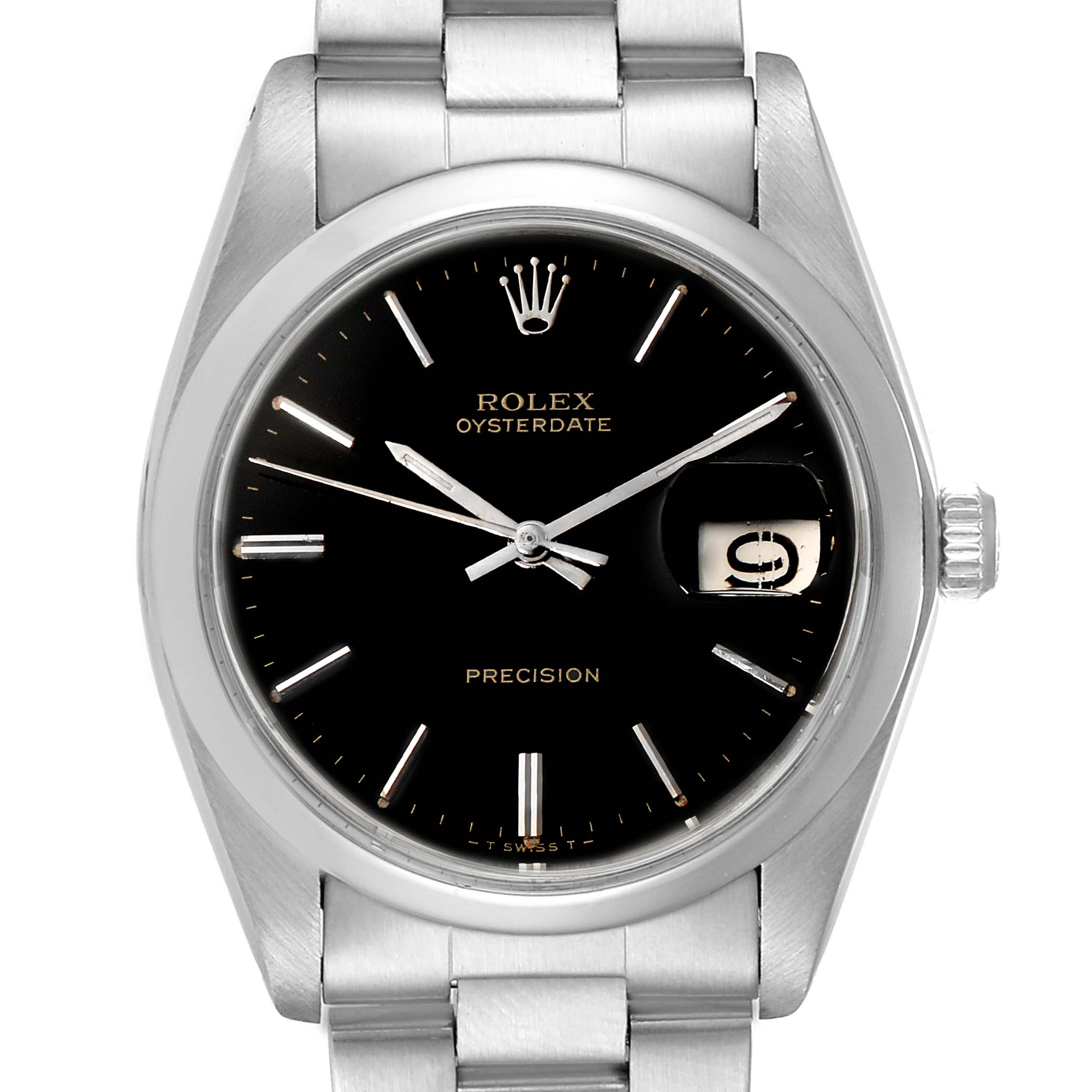 The image shows a front view of the Vintage Collection Rolex Oysterdate Precision watch with a black dial and date display.