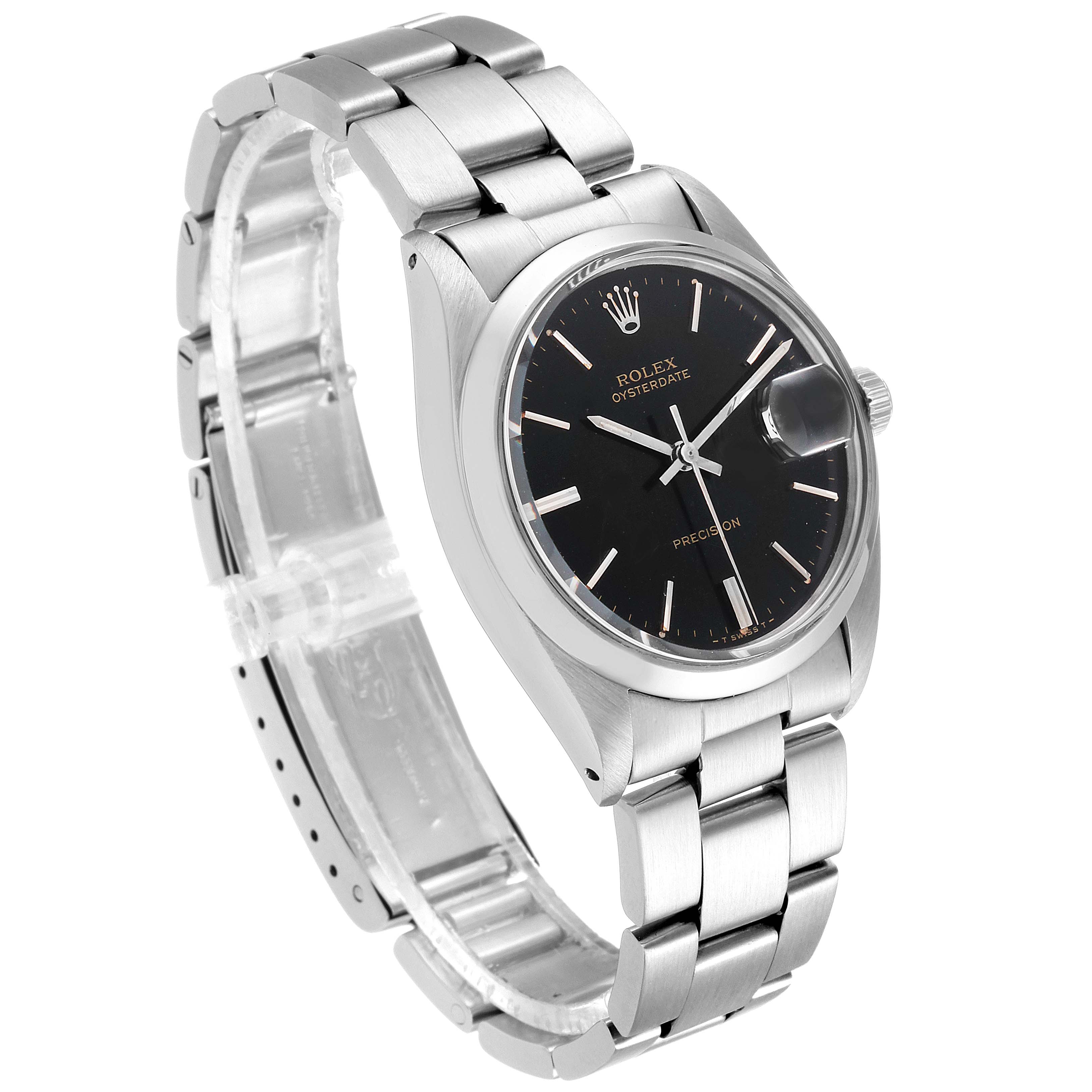 This image shows a side-angle view of the Rolex Vintage Collection 6694 Men's Stainless Steel Black Dial 6694 Men's Stainless Steel Black Dial watch, highlighting the face, bezel, and stainless steel bracelet.