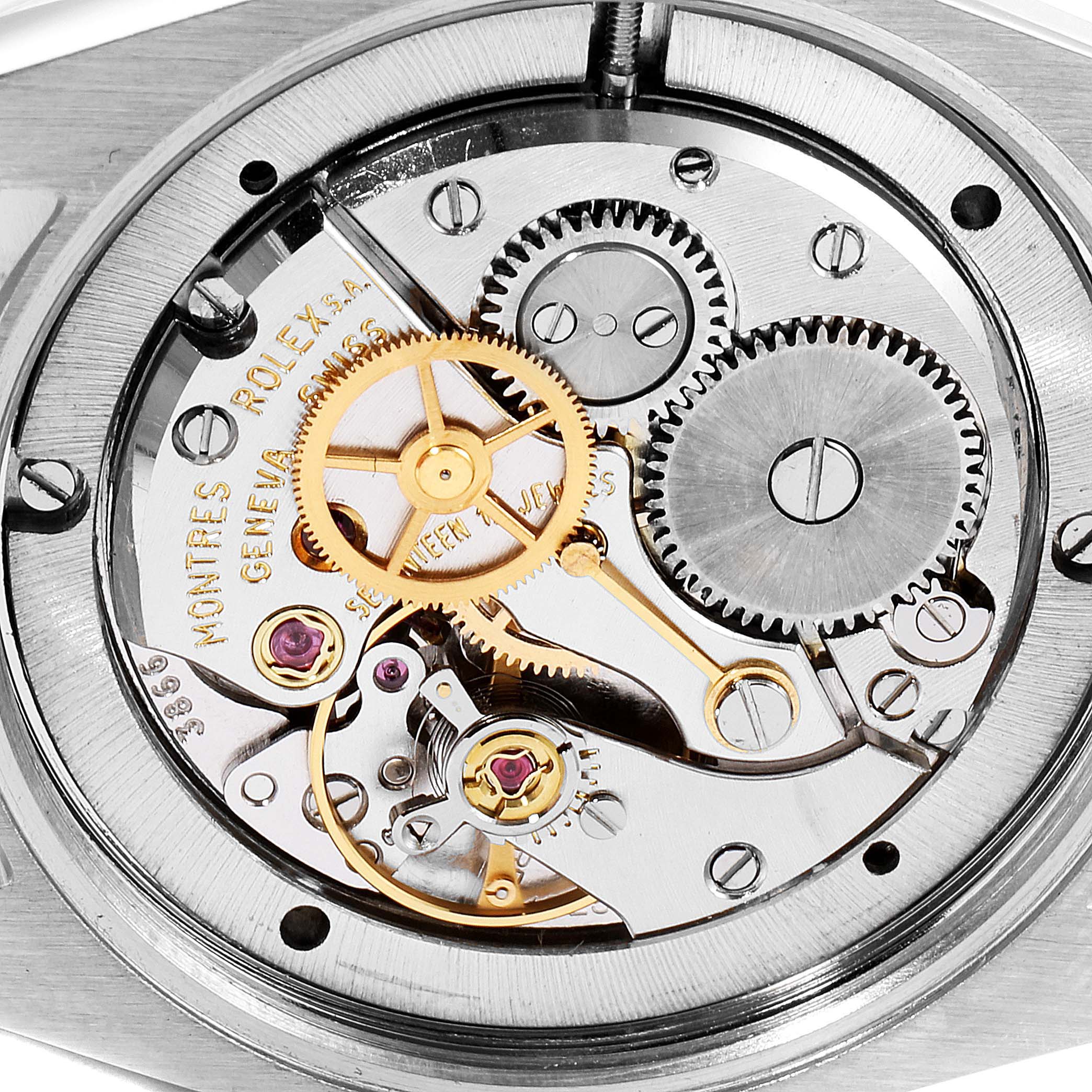 This image shows the inner mechanical workings of the Vintage Collection watch model by Rolex from a back view angle.