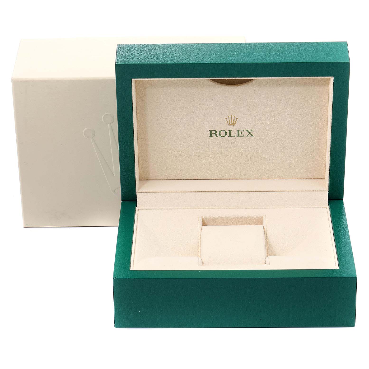 The image shows an open Rolex watch box for the Pearlmaster model, displaying the interior cushion and branding.