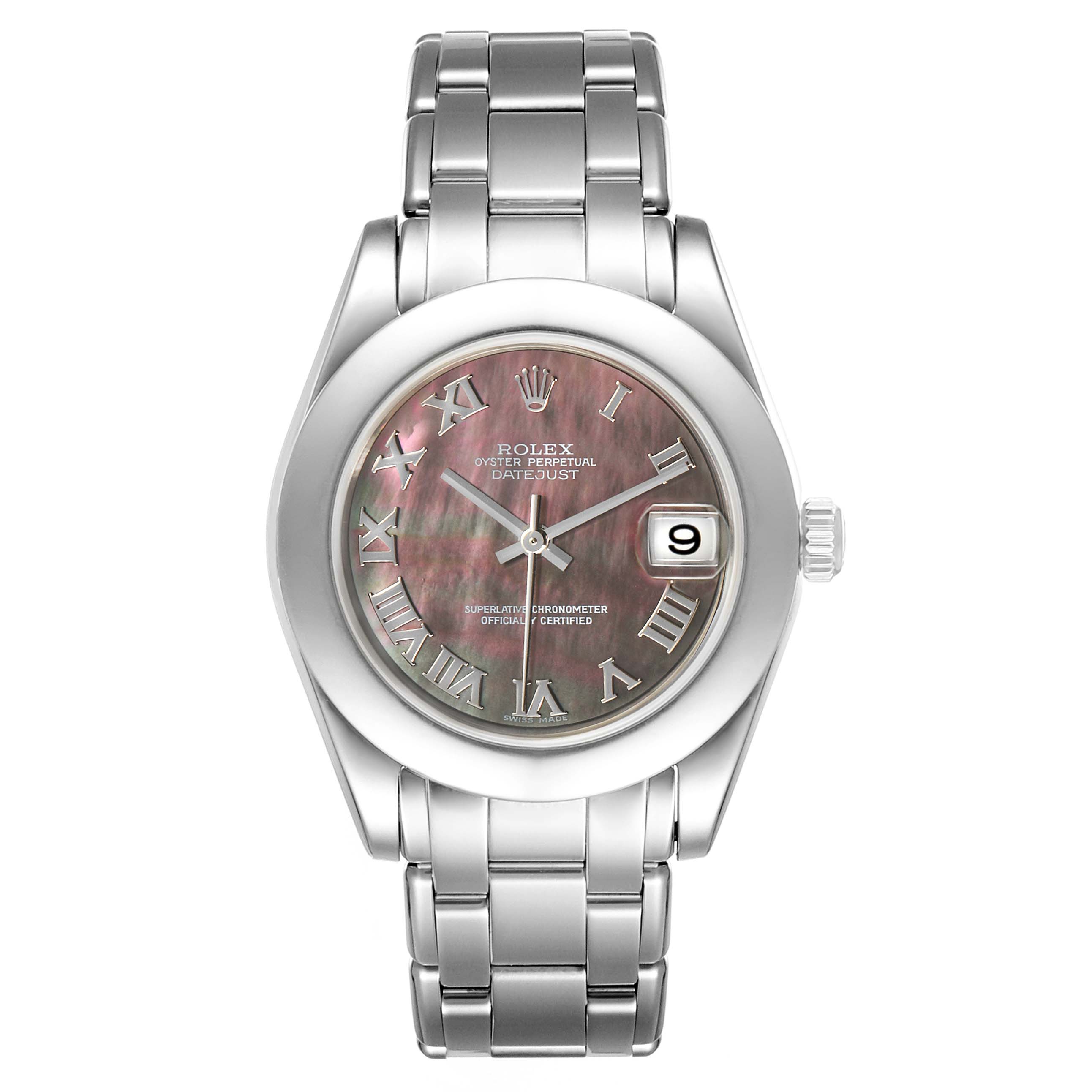 This Rolex Pearlmaster 81319 Women's White Gold Mother of Pearl Dial 81319 Women's White Gold Mother of Pearl Dial watch is shown from a front-angle, displaying the dial, bezel, and part of the bracelet.