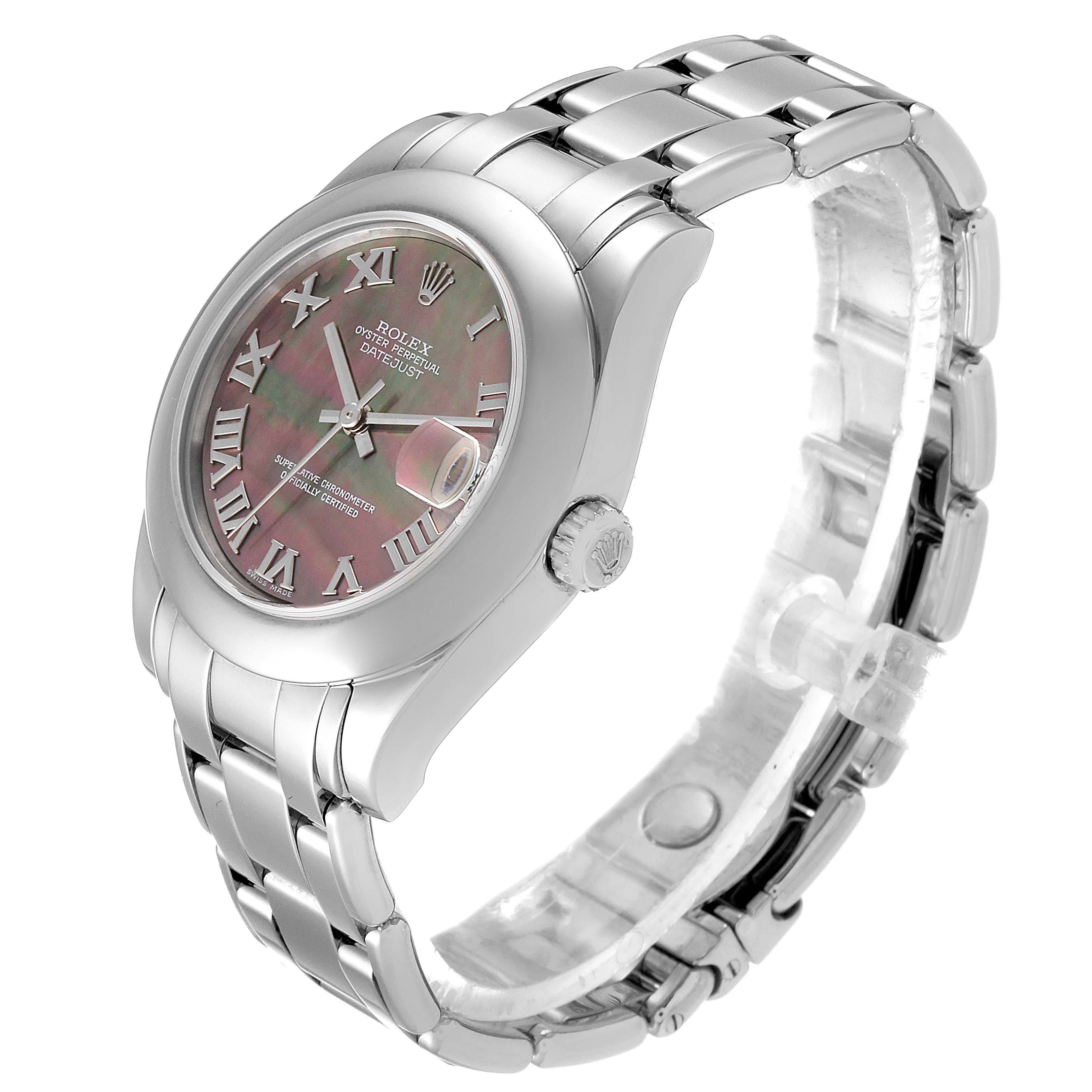 The Rolex Pearlmaster 81319 Women's White Gold Mother of Pearl Dial 81319 Women's White Gold Mother of Pearl Dial watch is shown at a slight angle, displaying the face, crown, and band.