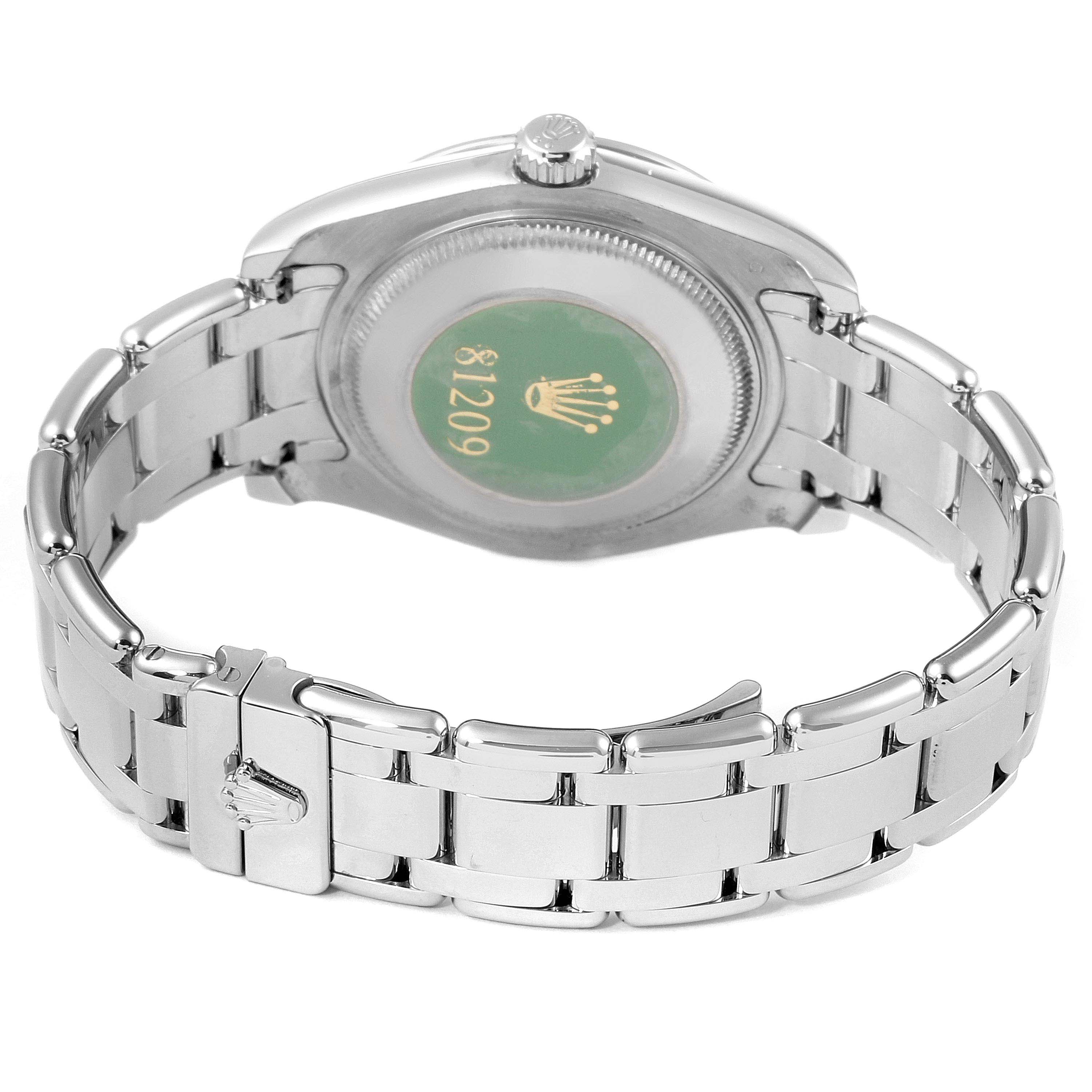The image shows the back and bracelet of a Rolex Pearlmaster 81319 Women's White Gold Mother of Pearl Dial 81319 Women's White Gold Mother of Pearl Dial watch at a slightly tilted angle.
