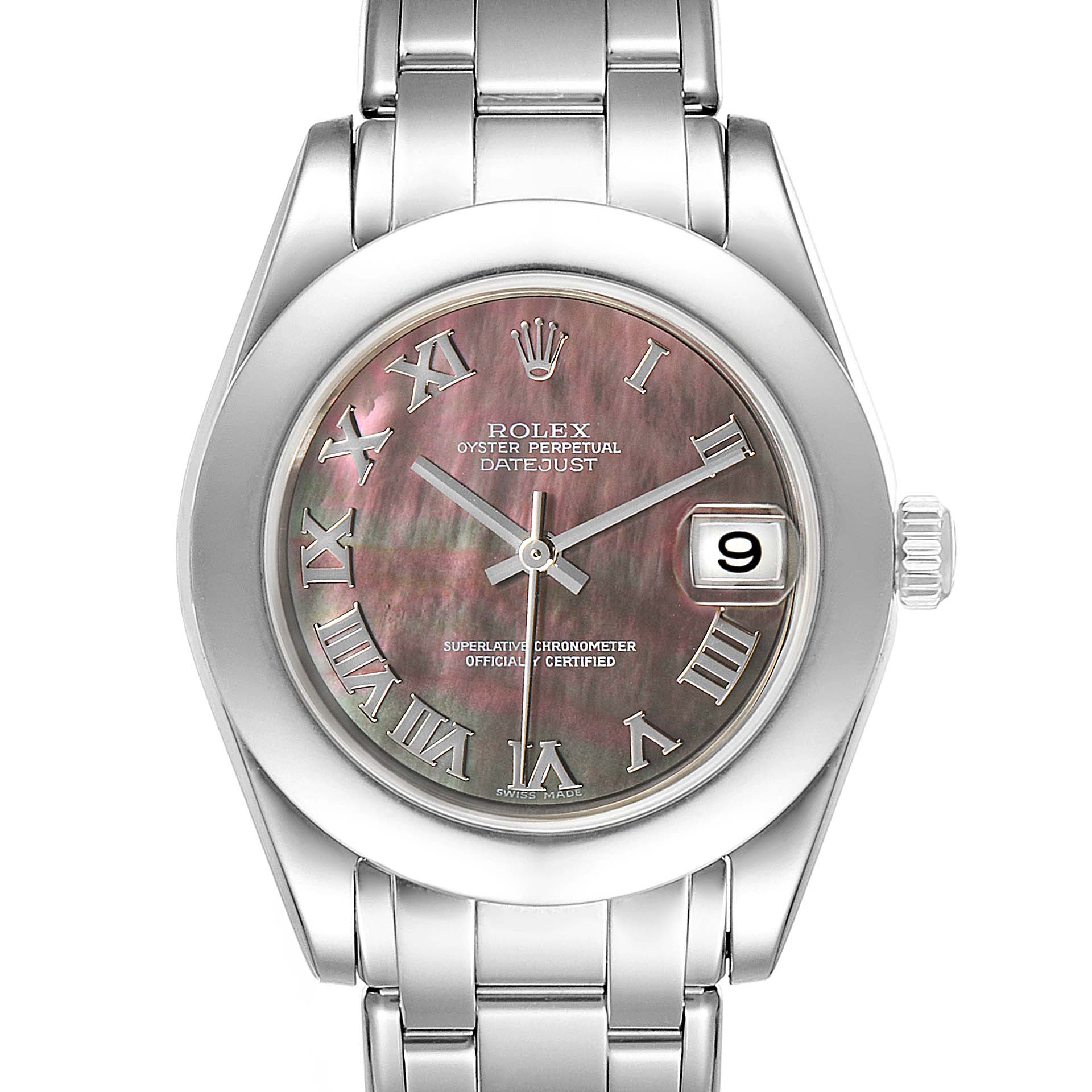 The image shows a front view of the Rolex Pearlmaster 81319 Women's White Gold Mother of Pearl Dial 81319 Women's White Gold Mother of Pearl Dial with a close-up of its face, dial, and part of the bracelet.