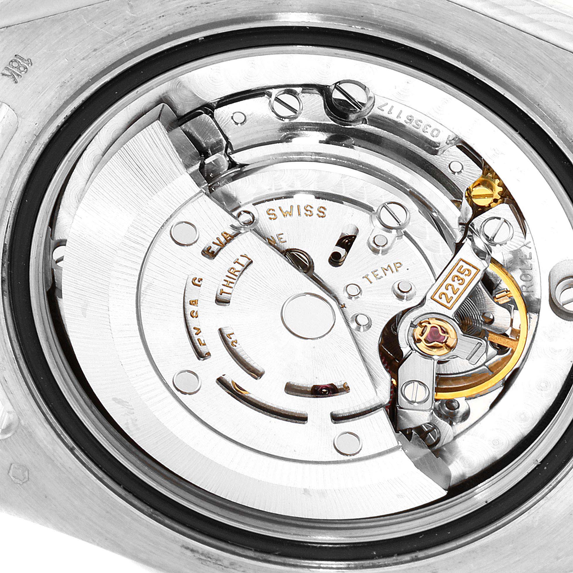 This image shows the internal movement mechanism of the Rolex Pearlmaster 81319 Women's White Gold Mother of Pearl Dial 81319 Women's White Gold Mother of Pearl Dial watch from a close-up, top-down angle.