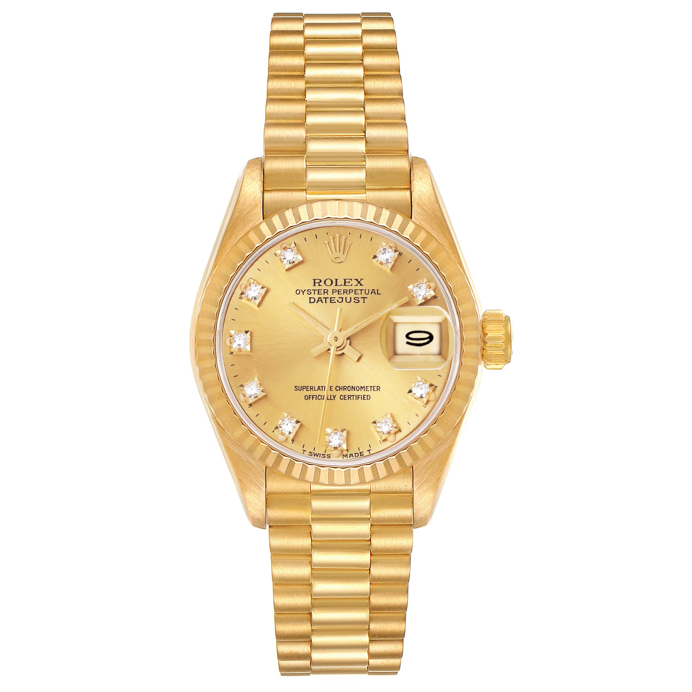 The Rolex President 69178 Women's Yellow Gold Champagne Dial 69178 Women's Yellow Gold Champagne Dial model is shown from the front, highlighting its gold face, bezel, bracelet, and diamond markers.
