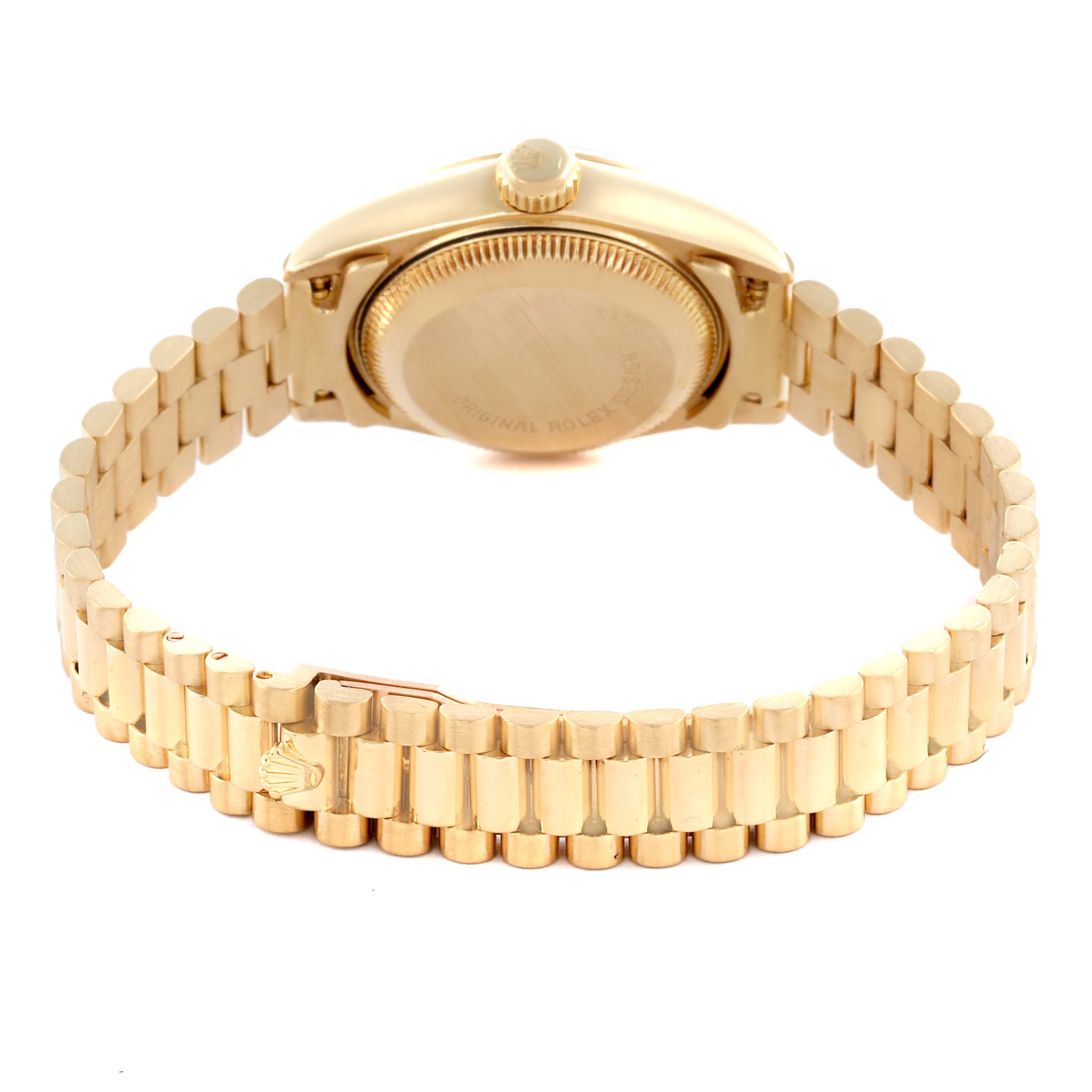The Rolex President 69178 Women's Yellow Gold Champagne Dial 69178 Women's Yellow Gold Champagne Dial watch is shown from the back, highlighting the case back and the President bracelet.