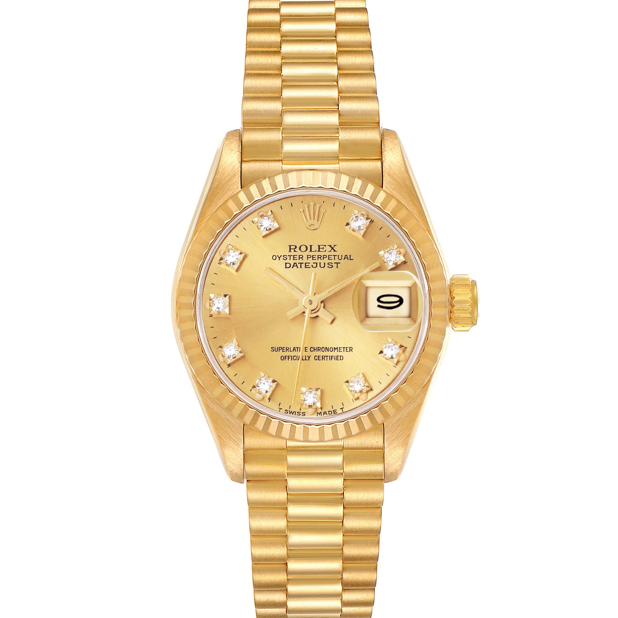 The Rolex President 69178 Women's Yellow Gold Champagne Dial 69178 Women's Yellow Gold Champagne Dial model watch is shown from a top-down angle, displaying the full face, bracelet, and crown.