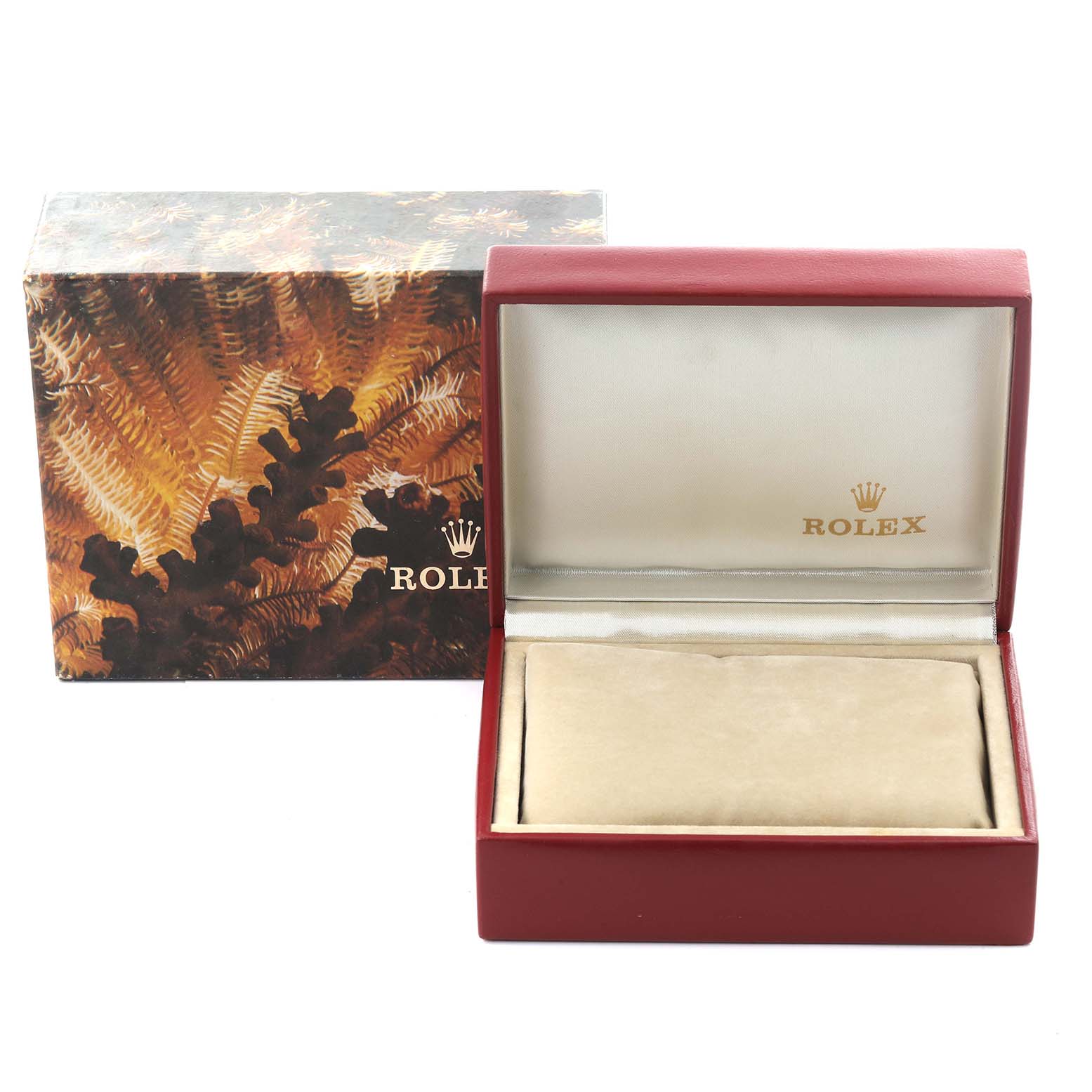 The image shows an open Rolex President 69178 Women's Yellow Gold Champagne Dial 69178 Women's Yellow Gold Champagne Dial model watch box and an outer box, angled front view.