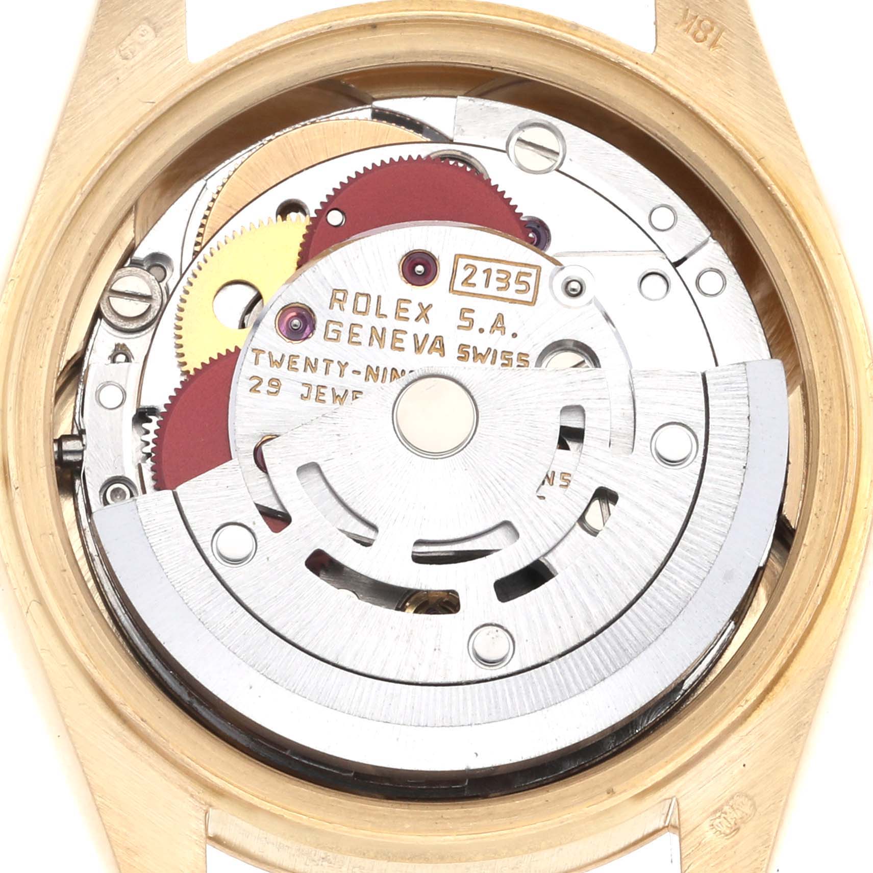 The image shows the inner mechanism of a Rolex President 69178 Women's Yellow Gold Champagne Dial 69178 Women's Yellow Gold Champagne Dial model watch from a top-down angle.