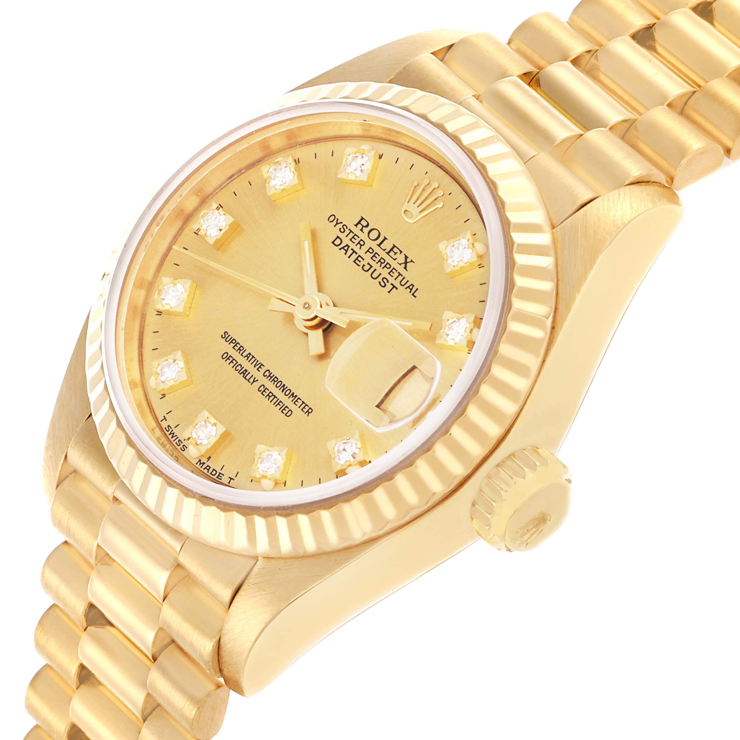 The Rolex President 69178 Women's Yellow Gold Champagne Dial 69178 Women's Yellow Gold Champagne Dial model is shown at a slight angle, highlighting the dial, crown, and bracelet.
