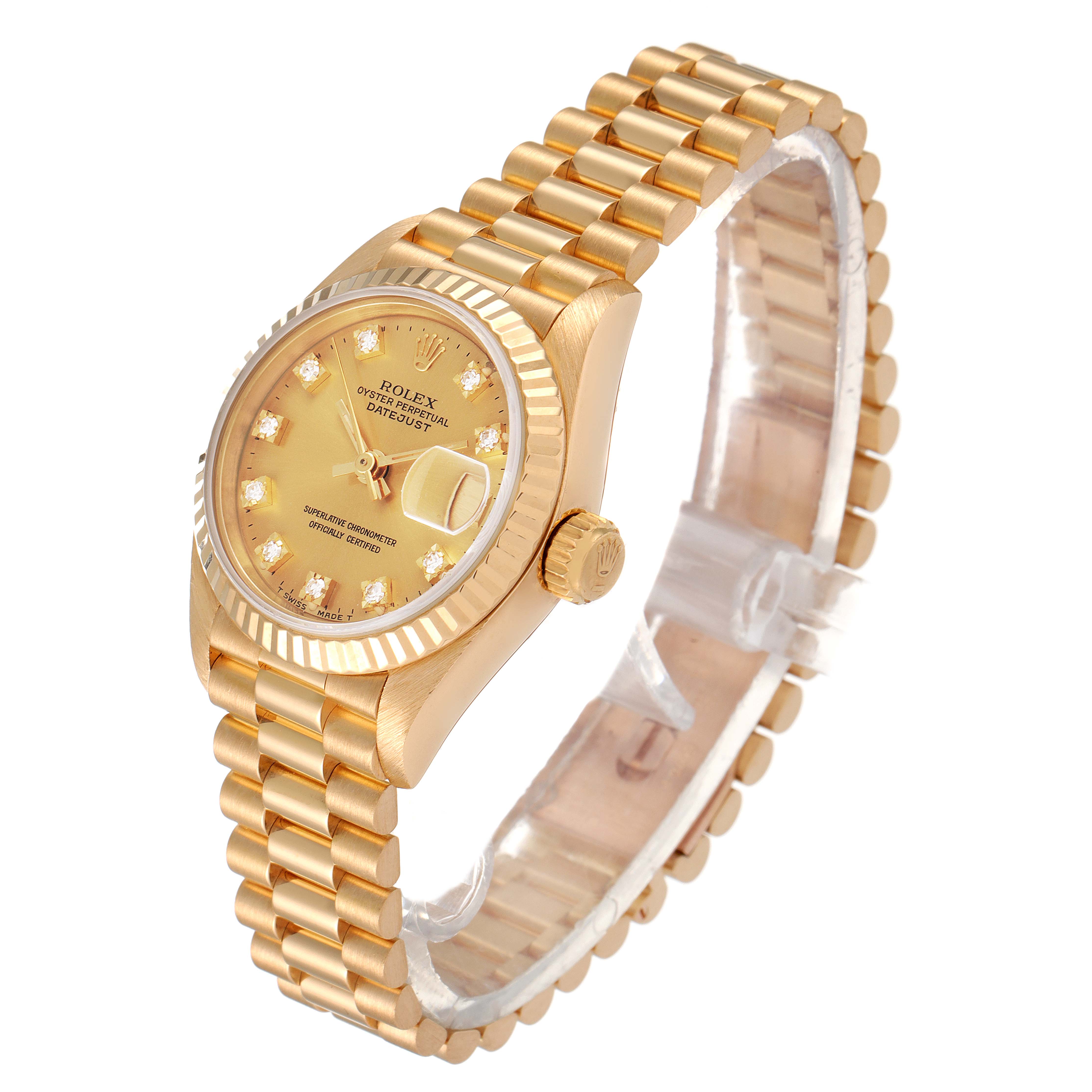 The image shows a Rolex President 69178 Women's Yellow Gold Champagne Dial 69178 Women's Yellow Gold Champagne Dial model watch from an angled side view, highlighting the dial, band, and crown.