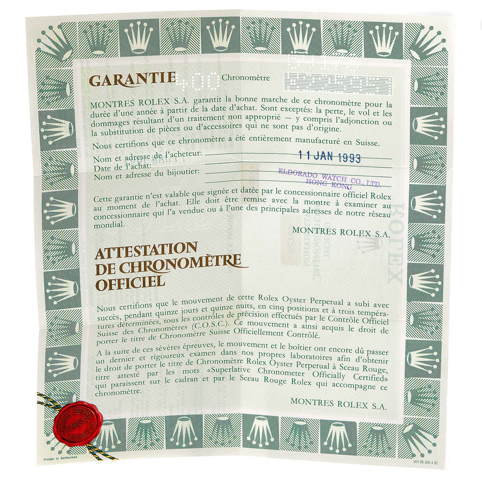 The image shows a warranty certificate for a President model Rolex watch.