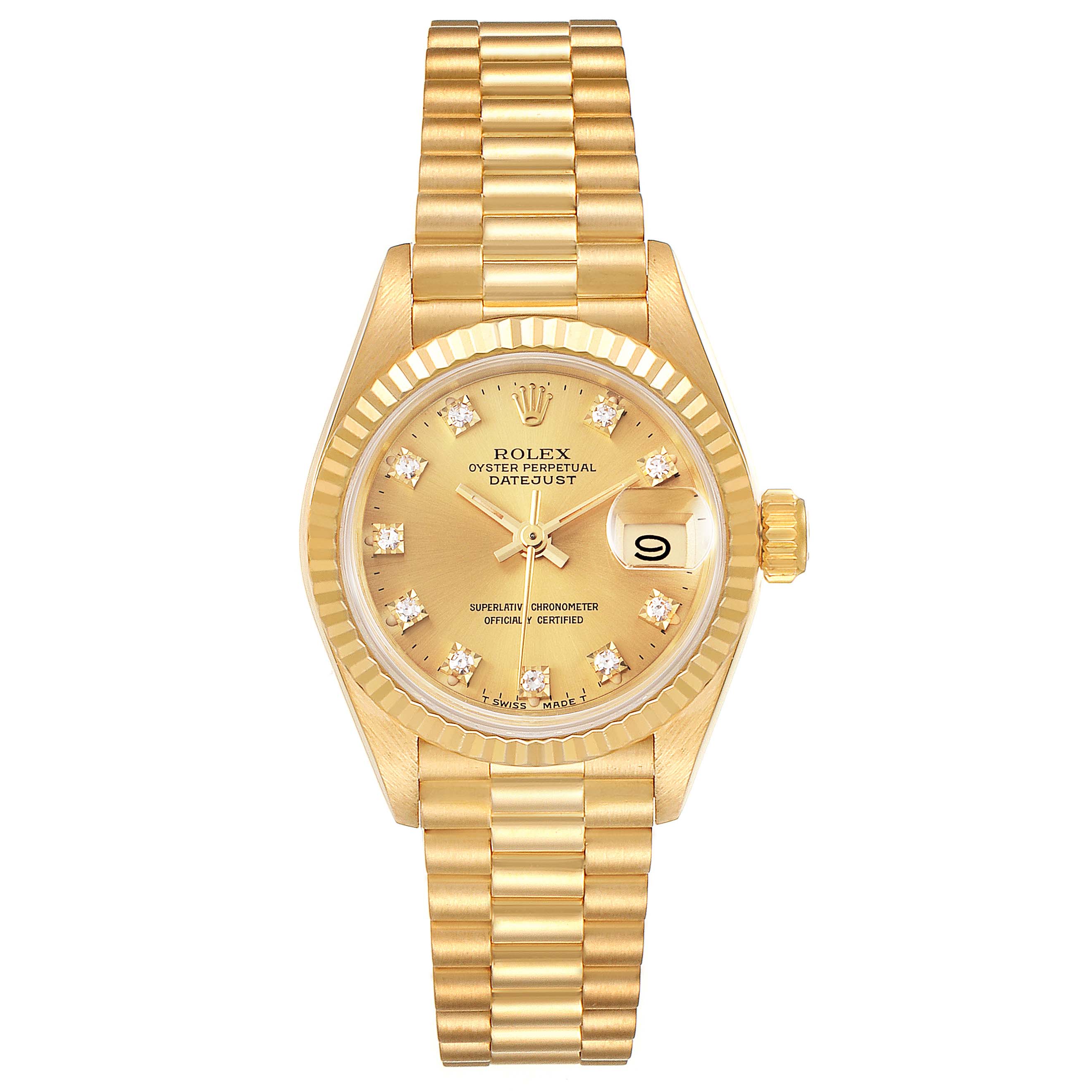 The image shows a front view of the Rolex President 69178 Women's Yellow Gold Champagne Dial 69178 Women's Yellow Gold Champagne Dial model watch, displaying its dial, bezel, case, and bracelet.