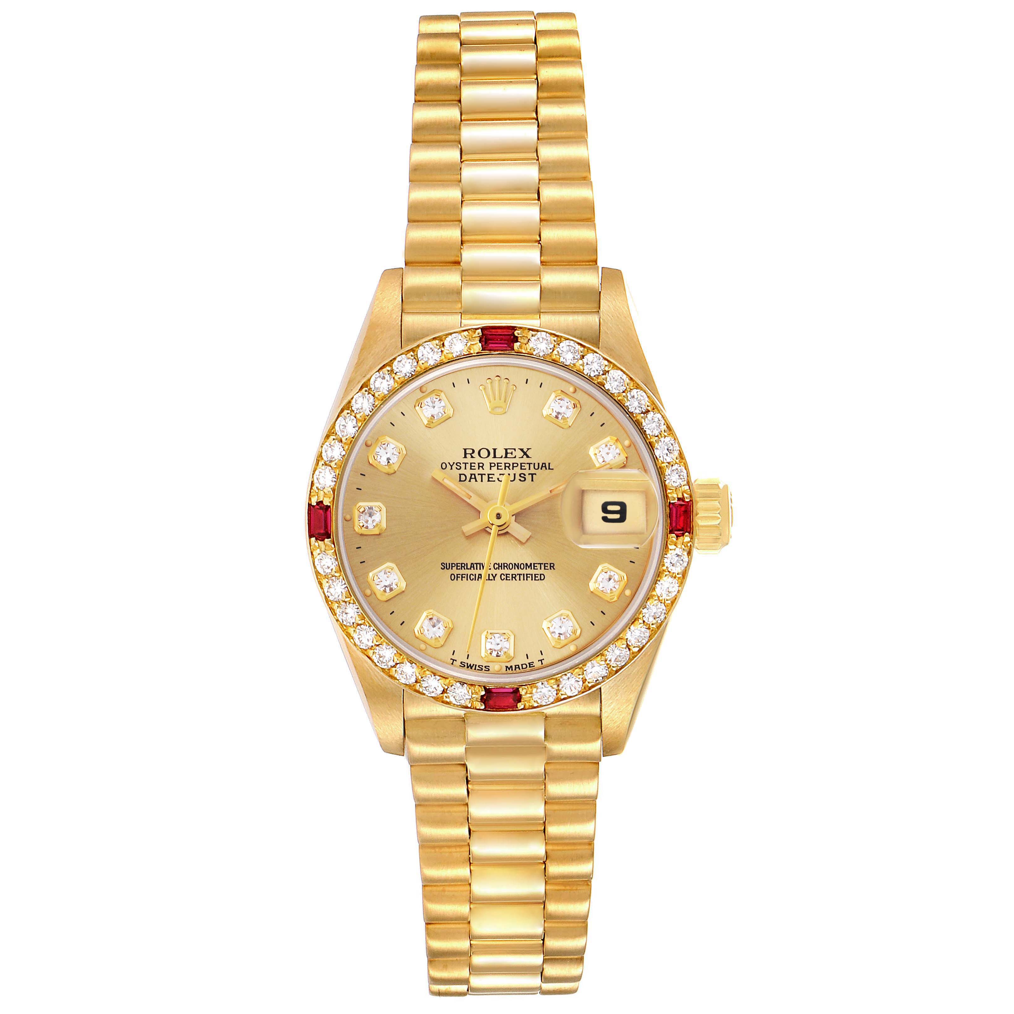 The Rolex President 69068 Women's Yellow Gold Champagne Dial 69068 Women's Yellow Gold Champagne Dial watch is shown from a top-down angle, displaying the face, bezel, and band.