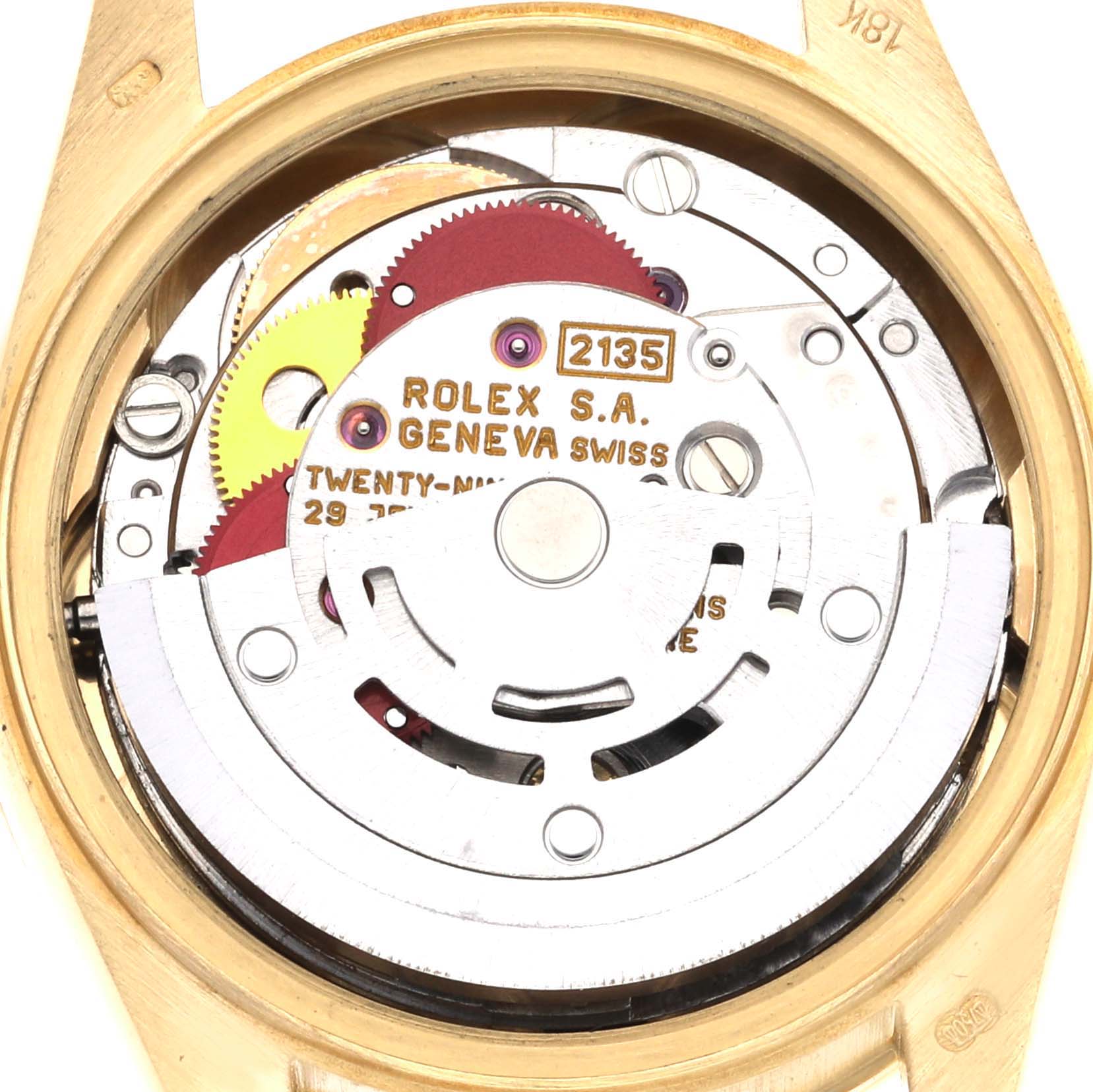 The image shows the internal movement mechanism of a Rolex President 69068 Women's Yellow Gold Champagne Dial 69068 Women's Yellow Gold Champagne Dial watch from a back angle.