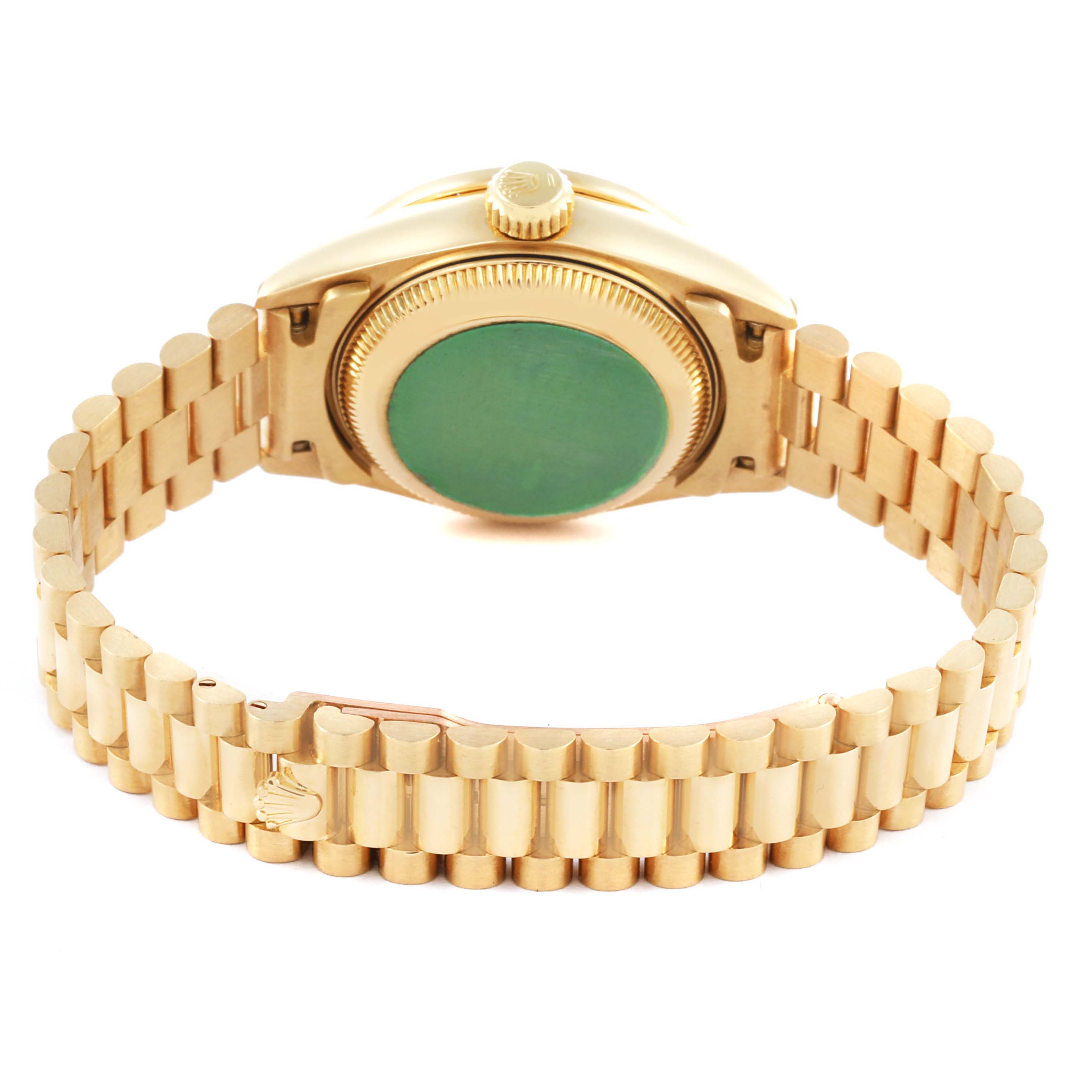 The Rolex President 69068 Women's Yellow Gold Champagne Dial 69068 Women's Yellow Gold Champagne Dial model watch is shown from the back, highlighting the case, bracelet, and crown.