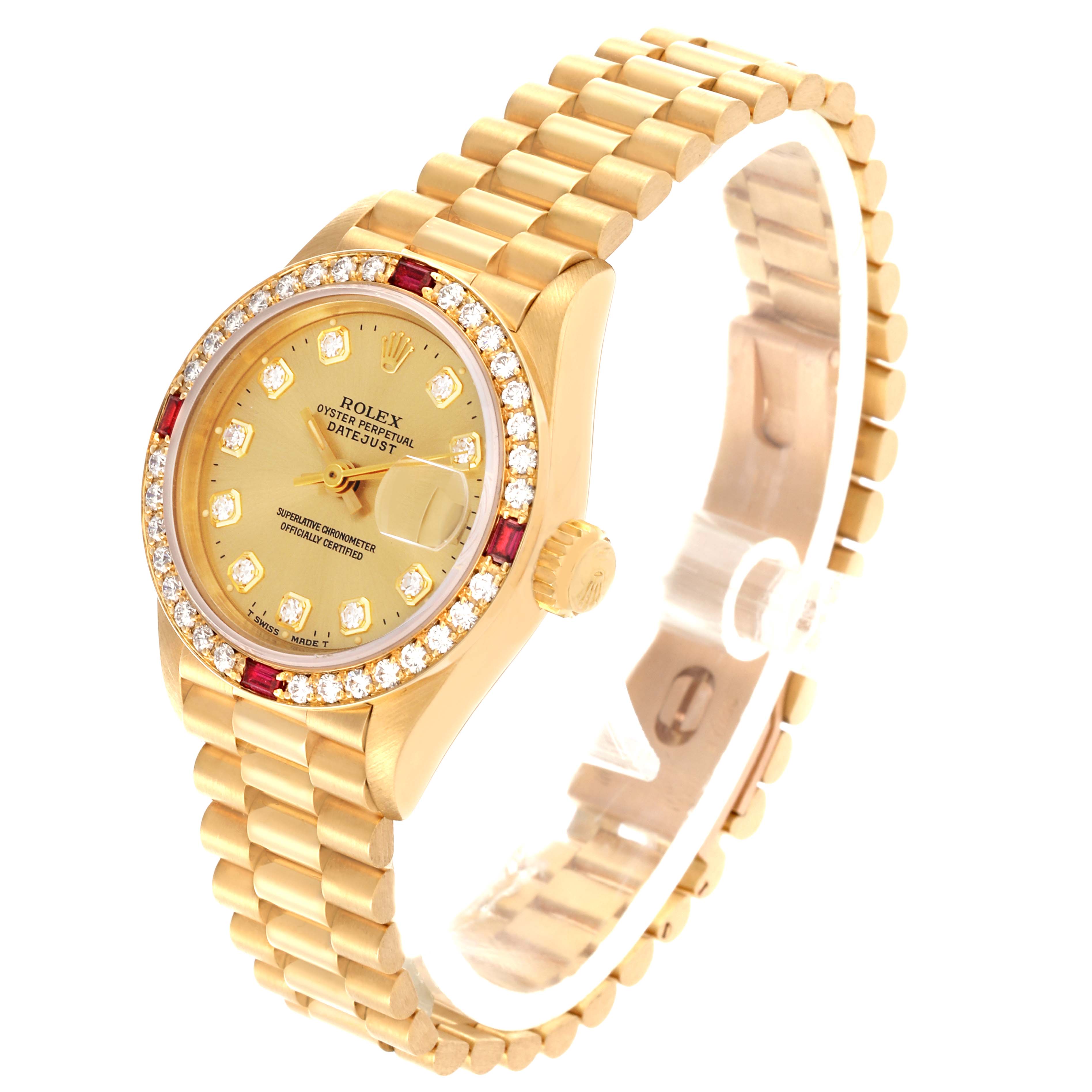 The Rolex President 69068 Women's Yellow Gold Champagne Dial 69068 Women's Yellow Gold Champagne Dial watch is shown from an angled top view, highlighting the face, bezel, and bracelet.