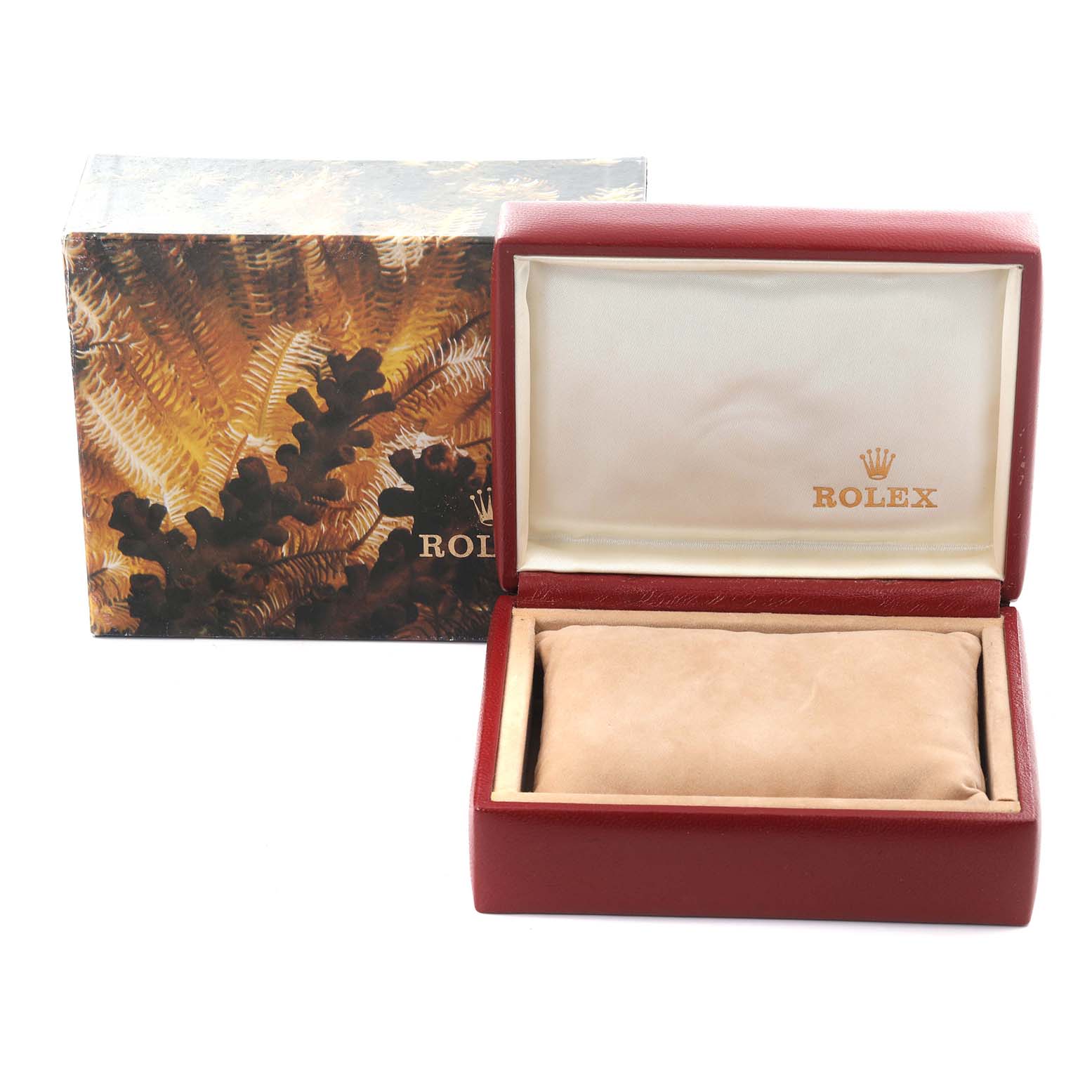 The image shows the open box for a Rolex President 69068 Women's Yellow Gold Champagne Dial 69068 Women's Yellow Gold Champagne Dial watch and its outer packaging.