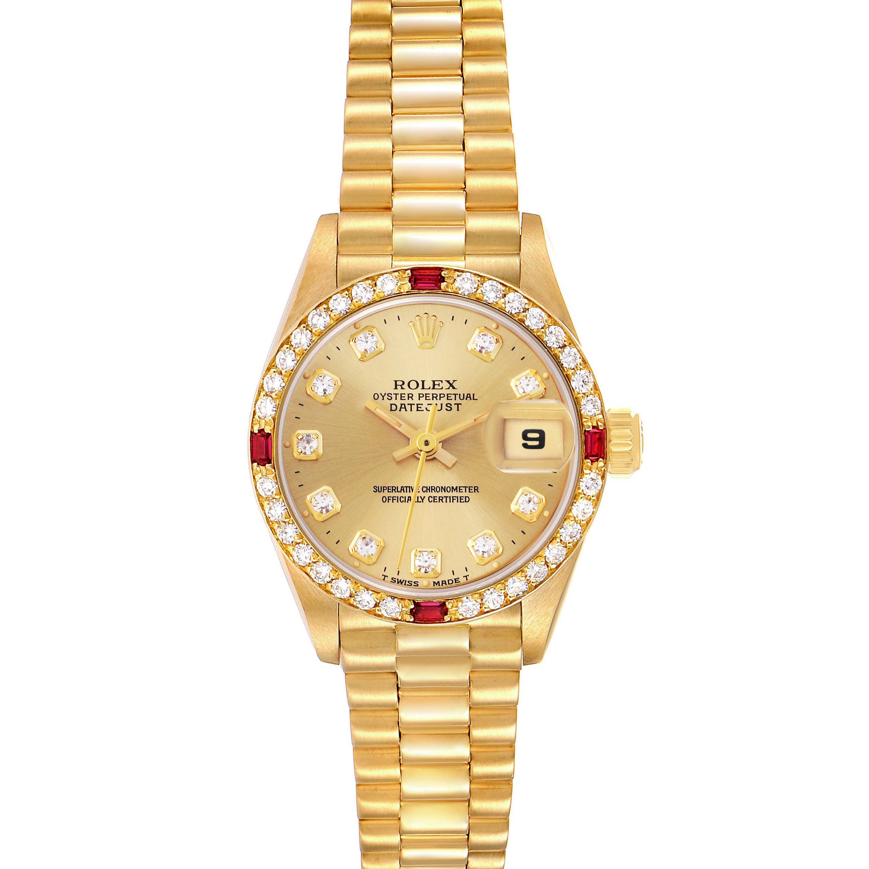 The Rolex President 69068 Women's Yellow Gold Champagne Dial 69068 Women's Yellow Gold Champagne Dial model is shown from the front, displaying the dial, bezel, and bracelet.