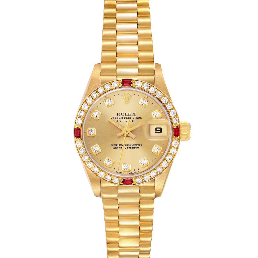 The Rolex President model is shown from the front, displaying the dial, bezel, and bracelet.