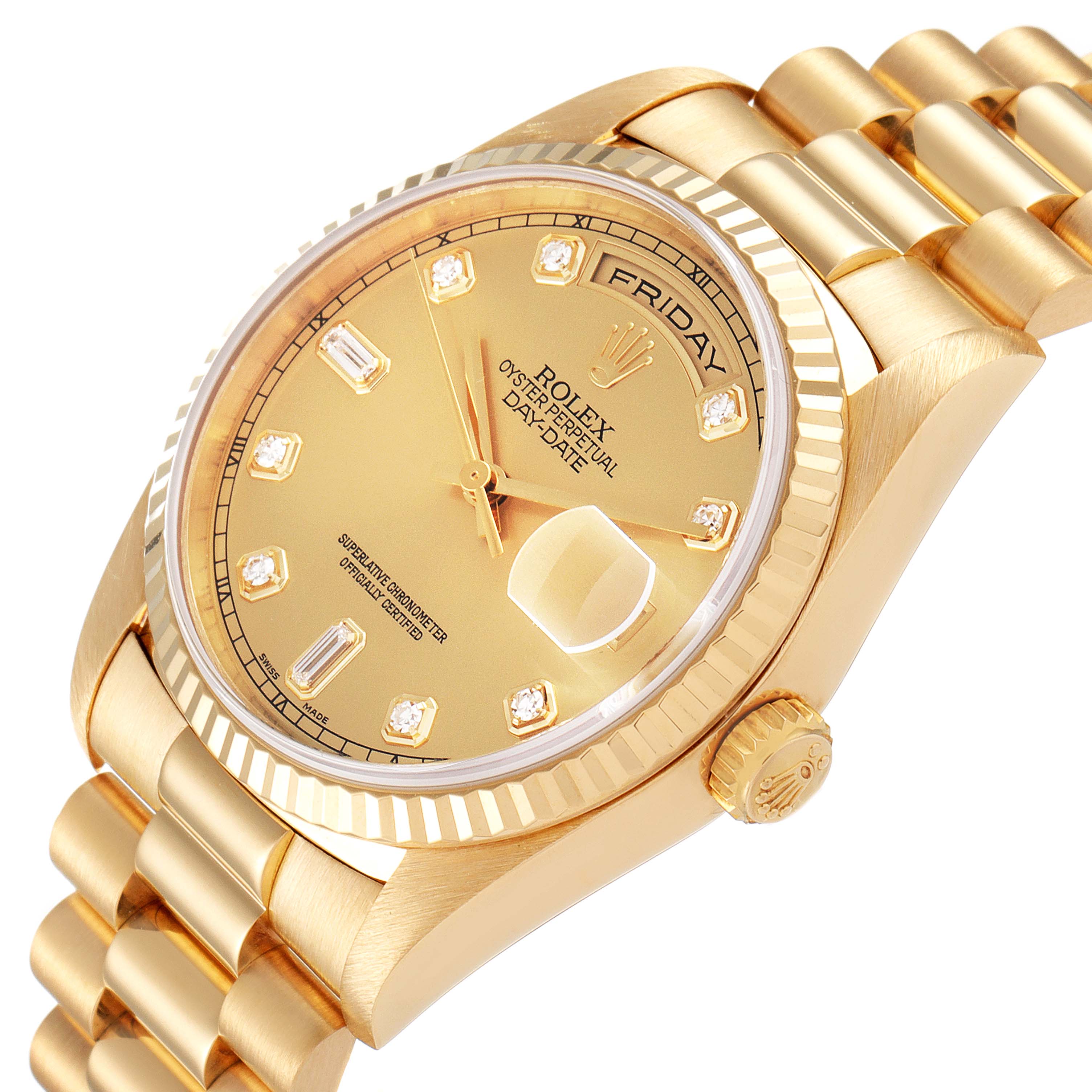 The image shows the Rolex President 18238 Men's Yellow Gold Champagne Dial 18238 Men's Yellow Gold Champagne Dial model watch at a slight angle, highlighting the dial, bezel, bracelet, and crown.