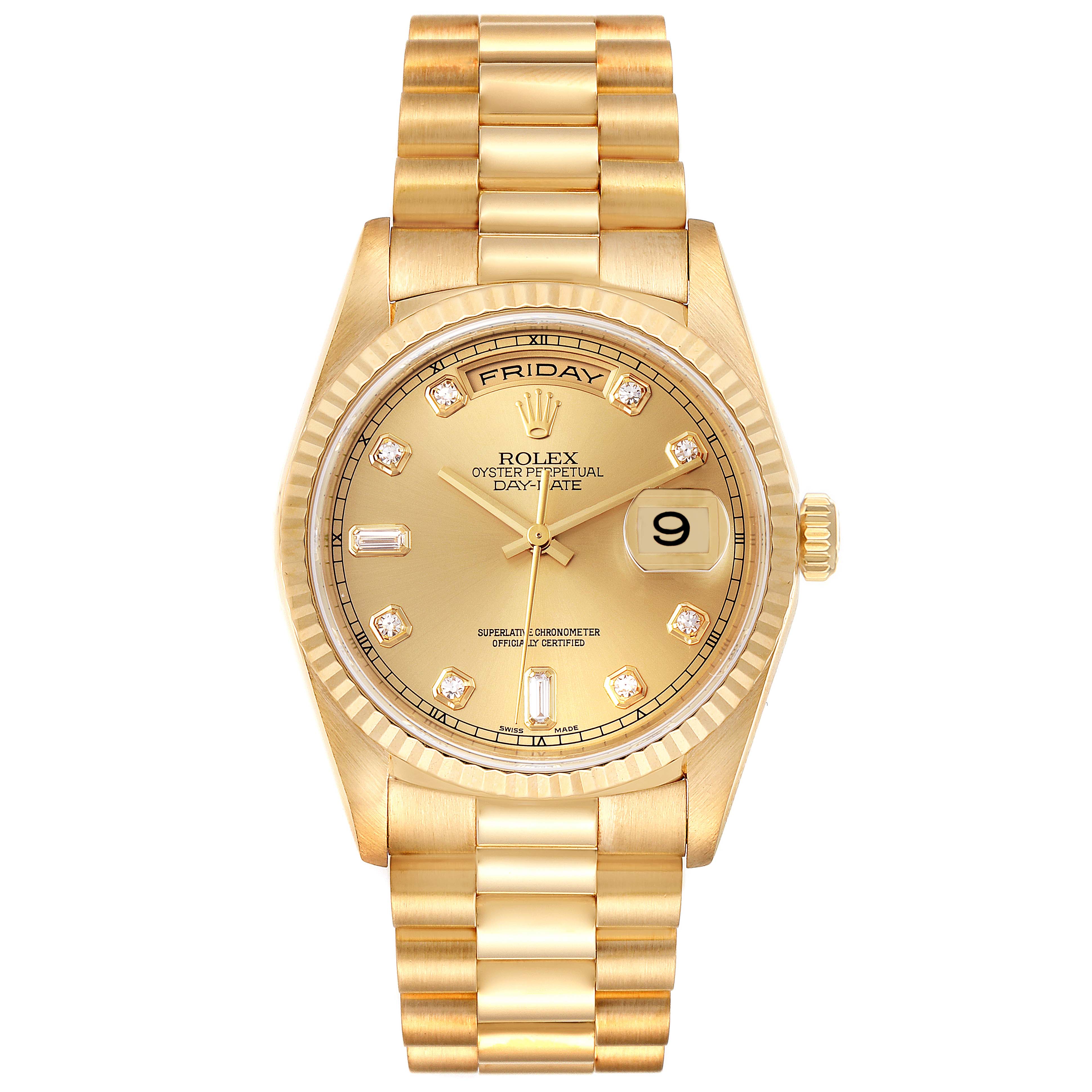 The image shows a front view of the Rolex President 18238 Men's Yellow Gold Champagne Dial 18238 Men's Yellow Gold Champagne Dial model watch, focusing on its dial, bracelet, and case.
