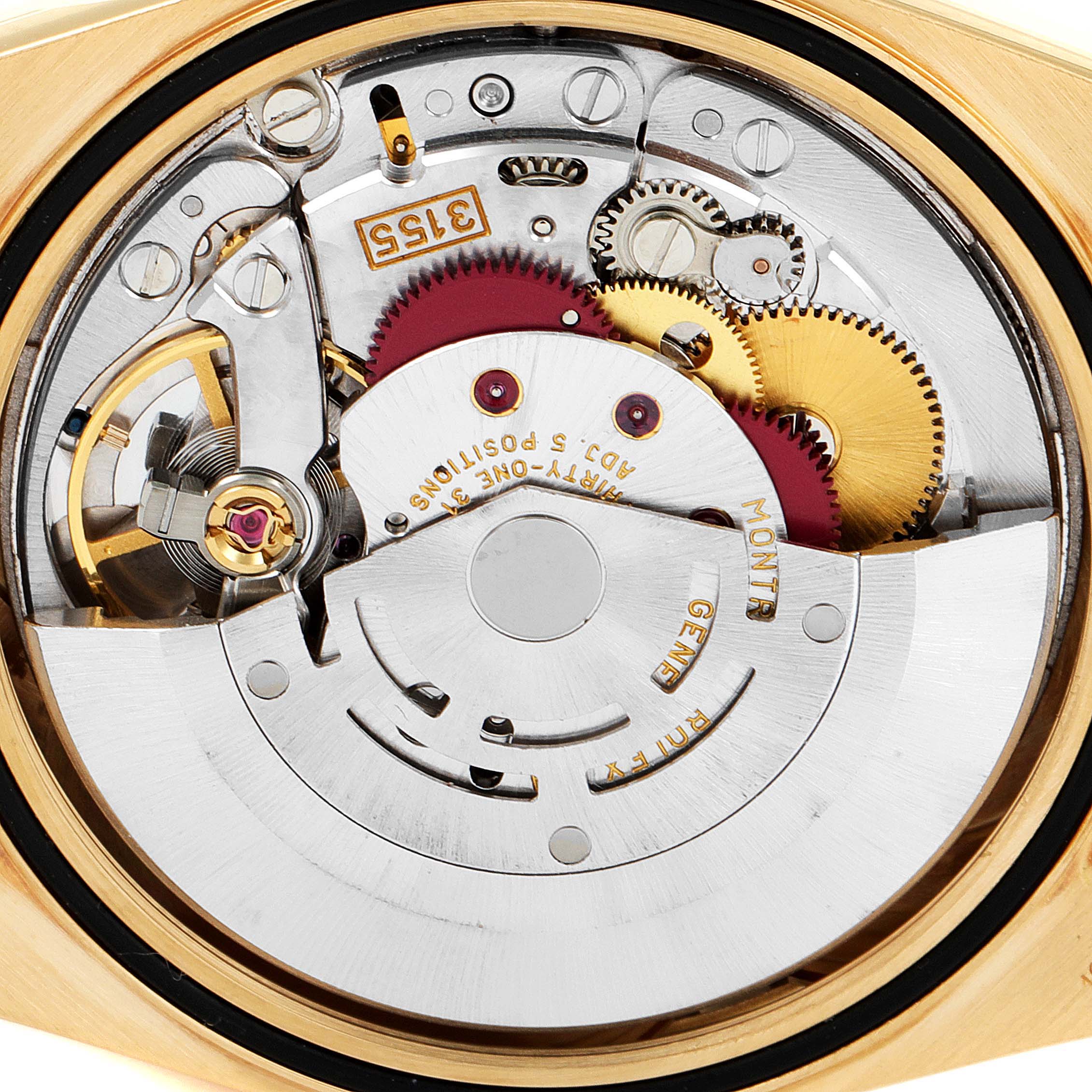 This image shows the intricate internal mechanism of a Rolex President 18238 Men's Yellow Gold Champagne Dial 18238 Men's Yellow Gold Champagne Dial model watch viewed from the back.