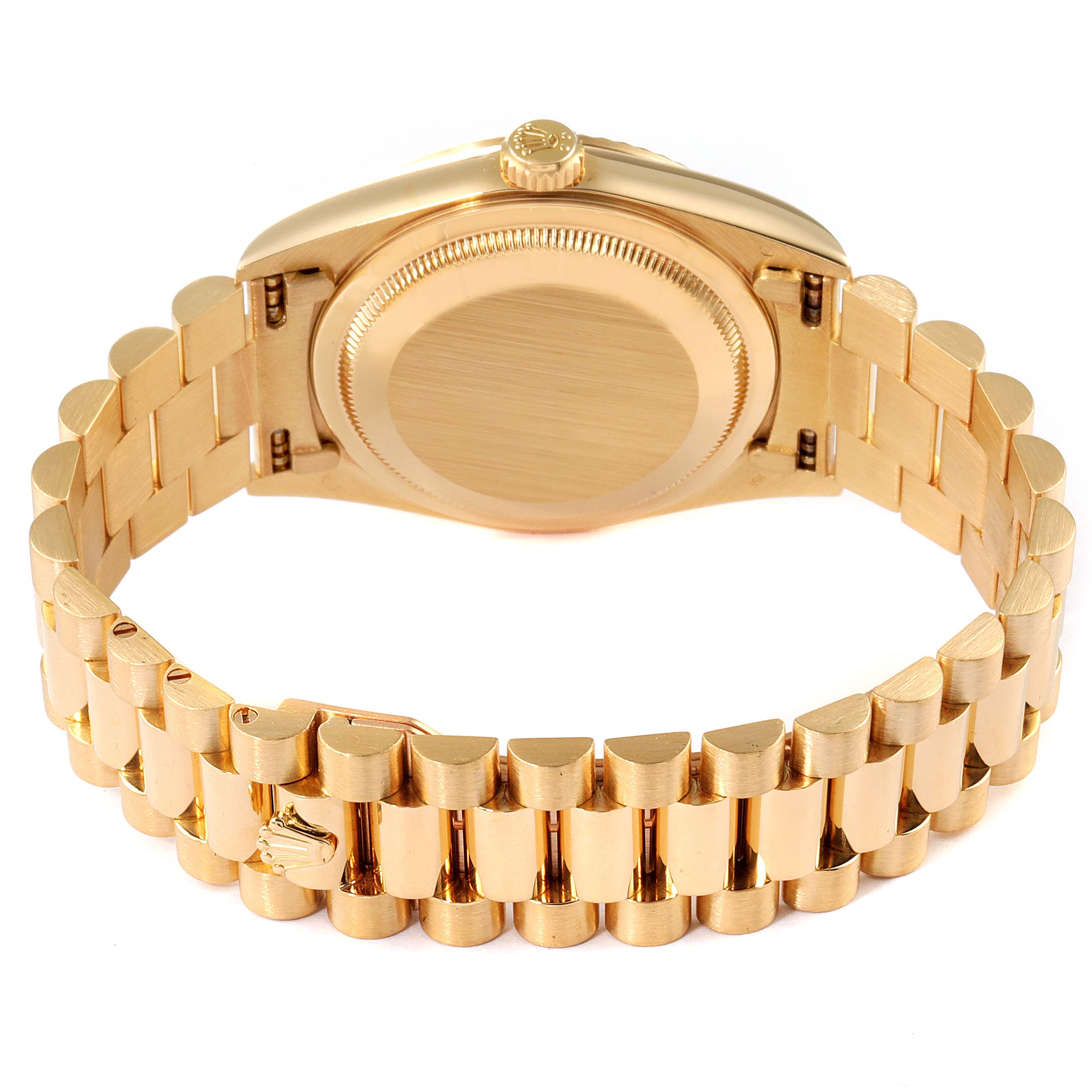 The image shows the back view of a Rolex President 18238 Men's Yellow Gold Champagne Dial 18238 Men's Yellow Gold Champagne Dial model watch, highlighting the case back and part of the bracelet.