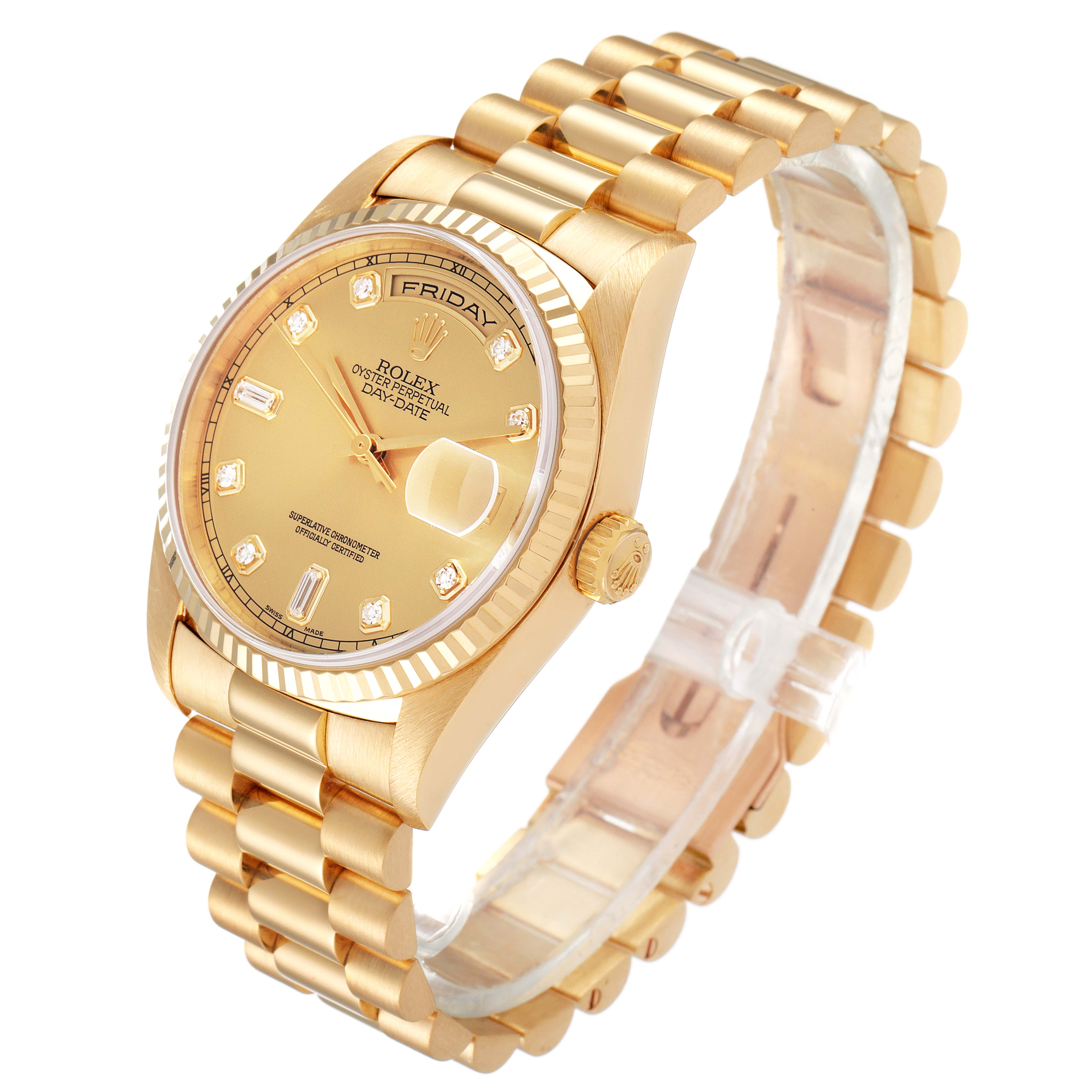 The image shows a Rolex President 18238 Men's Yellow Gold Champagne Dial 18238 Men's Yellow Gold Champagne Dial model watch at a slight angle, displaying the dial, bracelet, and crown.