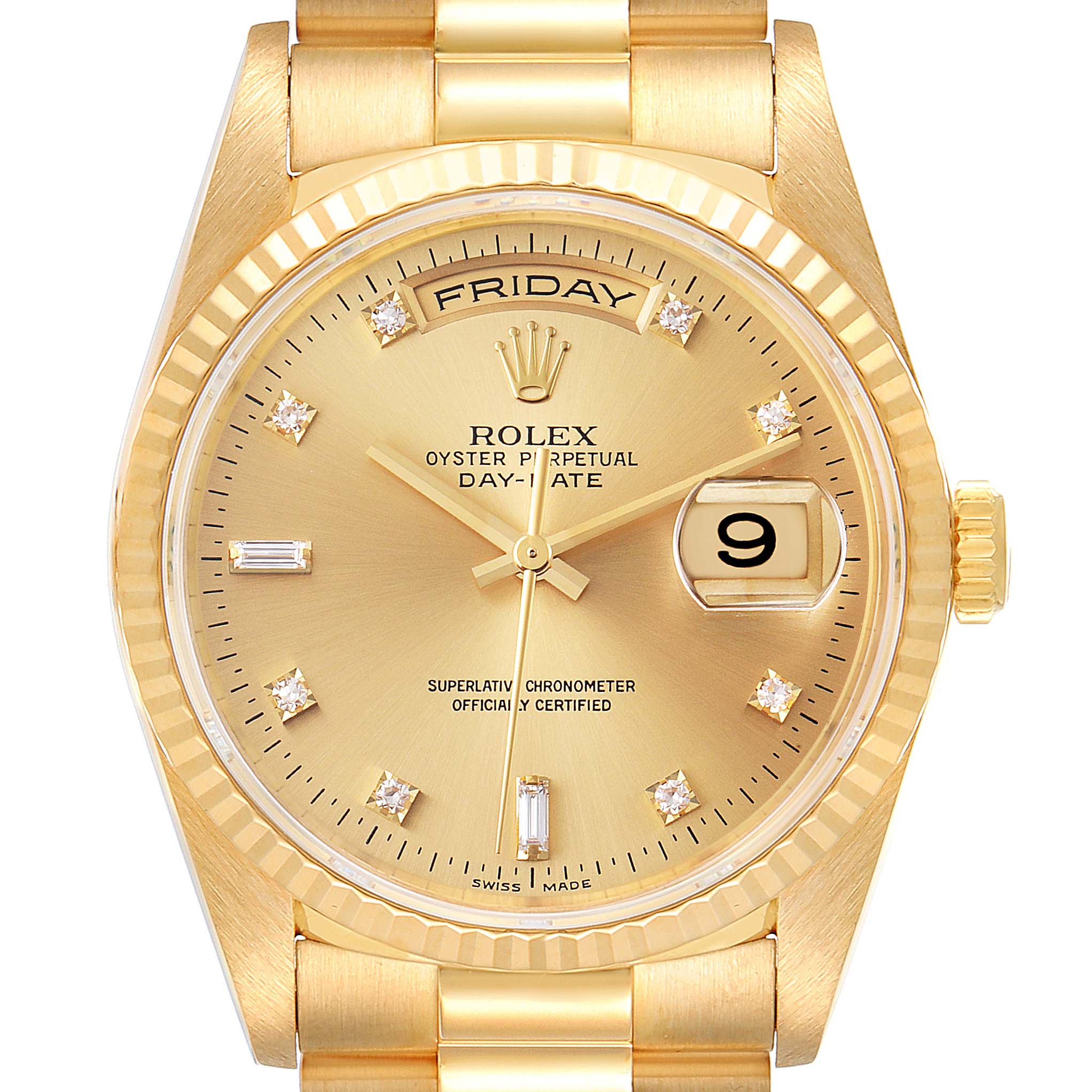 The image shows a frontal view of the Rolex Oyster Perpetual Day-Date President watch, highlighting its dial, bezel, and bracelet.