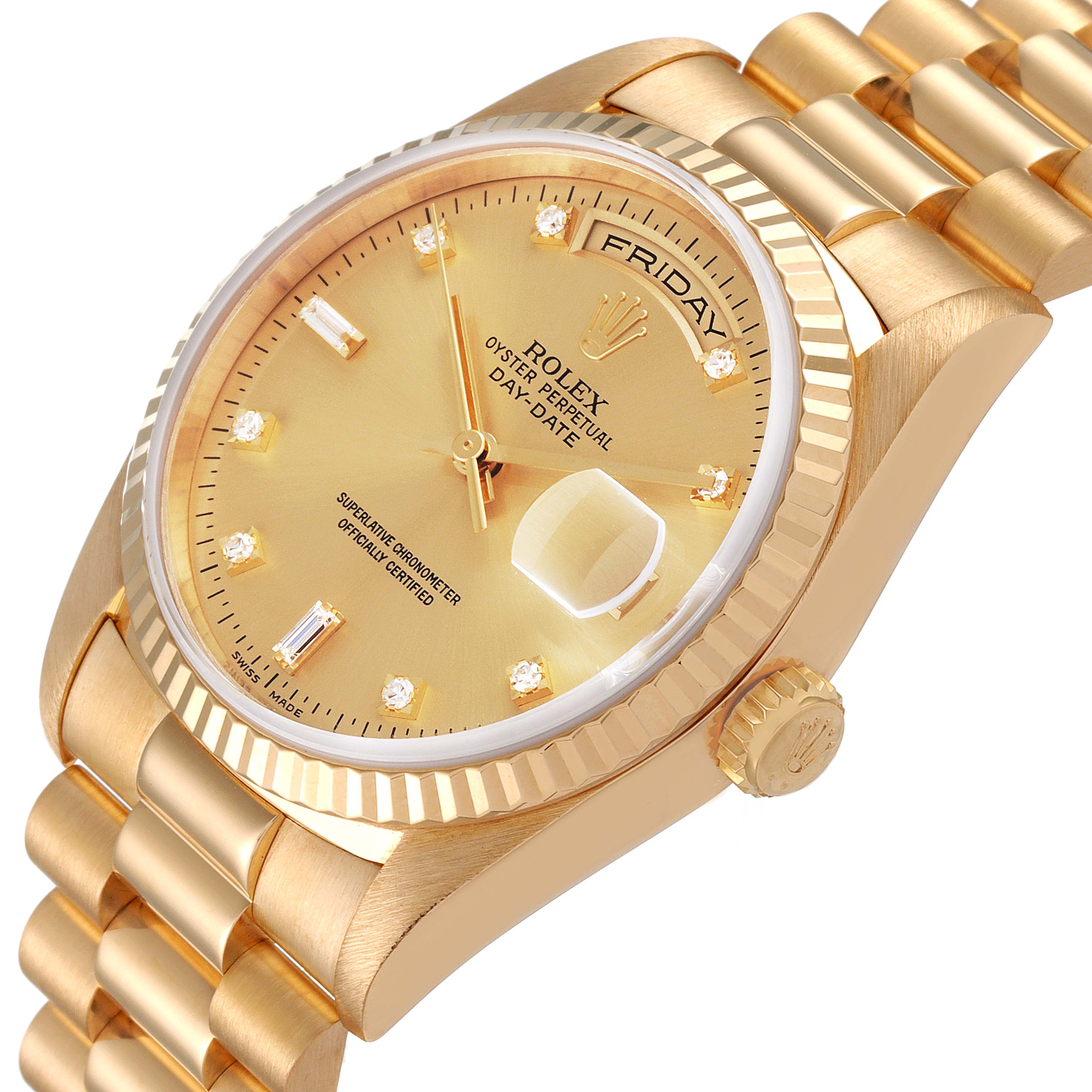 The angle shows a close-up of the Rolex President 18238 Men's Yellow Gold Champagne Dial 18238 Men's Yellow Gold Champagne Dial model watch, highlighting its dial, bezel, crown, and bracelet.