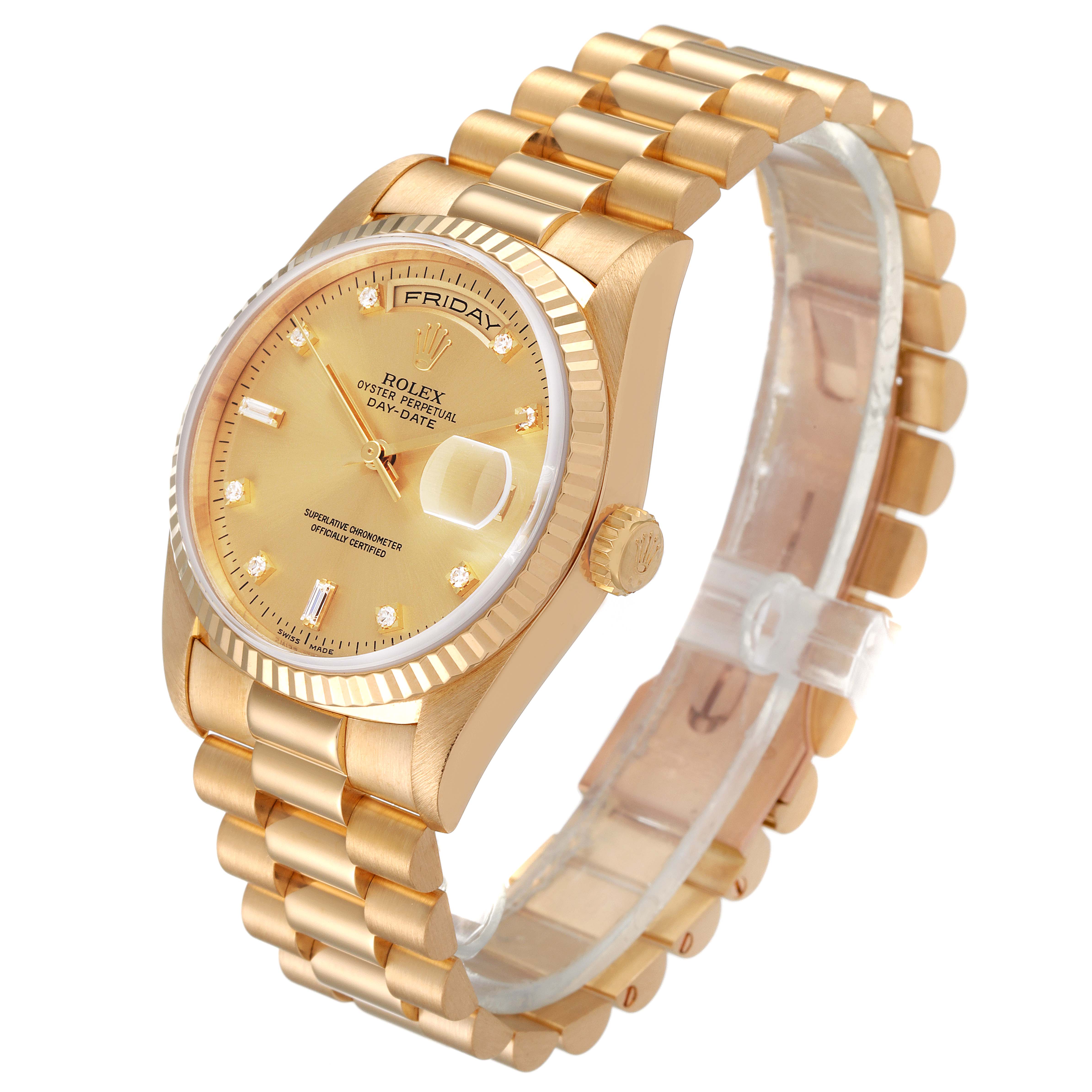 The Rolex President 18238 Men's Yellow Gold Champagne Dial 18238 Men's Yellow Gold Champagne Dial Day-Date watch is shown at an angle highlighting the face, strap, and crown.