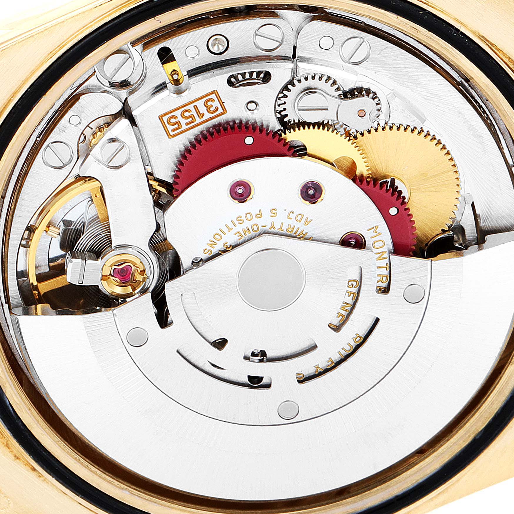 This close-up image captures the intricate internal mechanism of a Rolex President 18238 Men's Yellow Gold Champagne Dial 18238 Men's Yellow Gold Champagne Dial model watch.