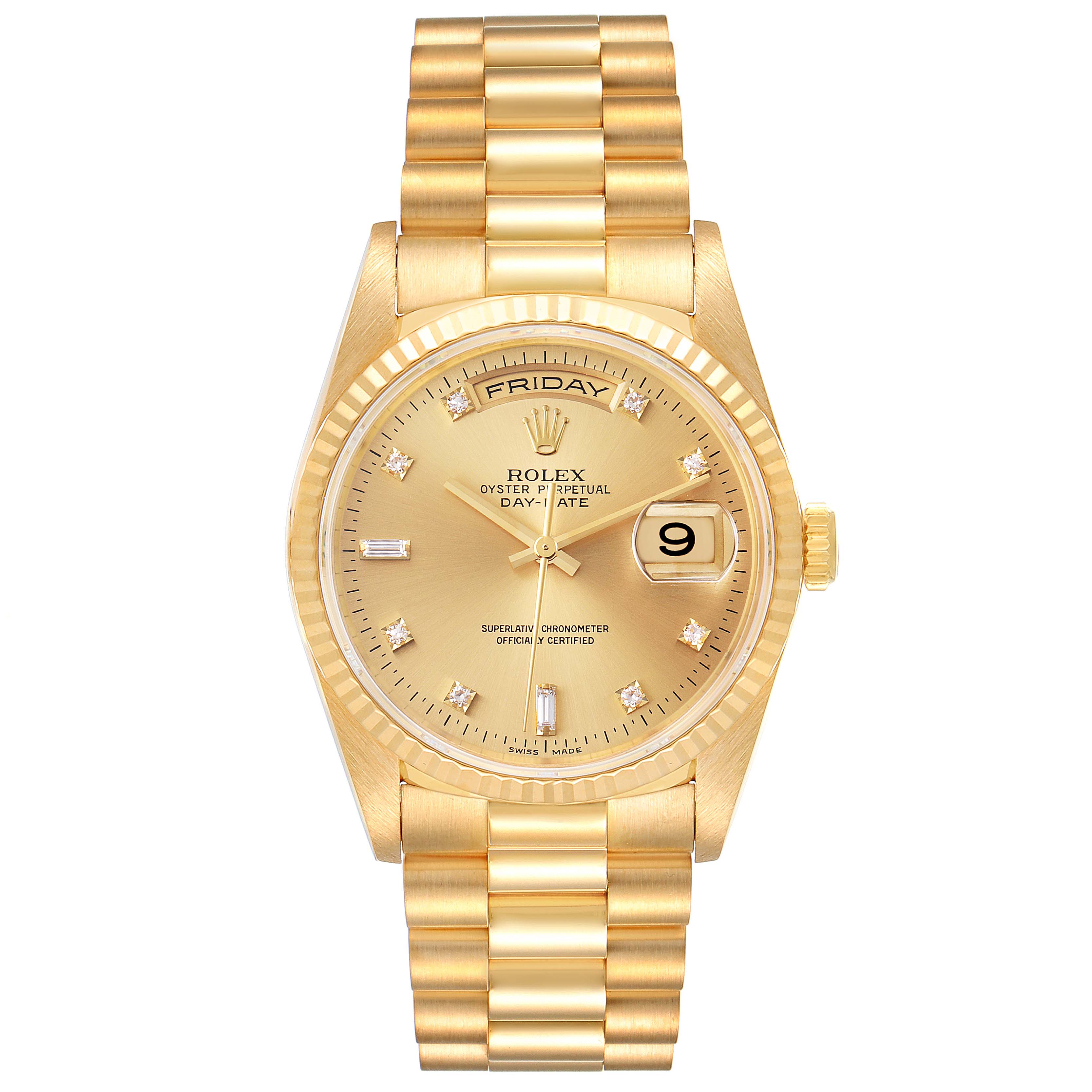 The image shows a gold Rolex President 18238 Men's Yellow Gold Champagne Dial 18238 Men's Yellow Gold Champagne Dial model watch with a day-date display, gold bracelet, and fluted bezel, viewed from the front.