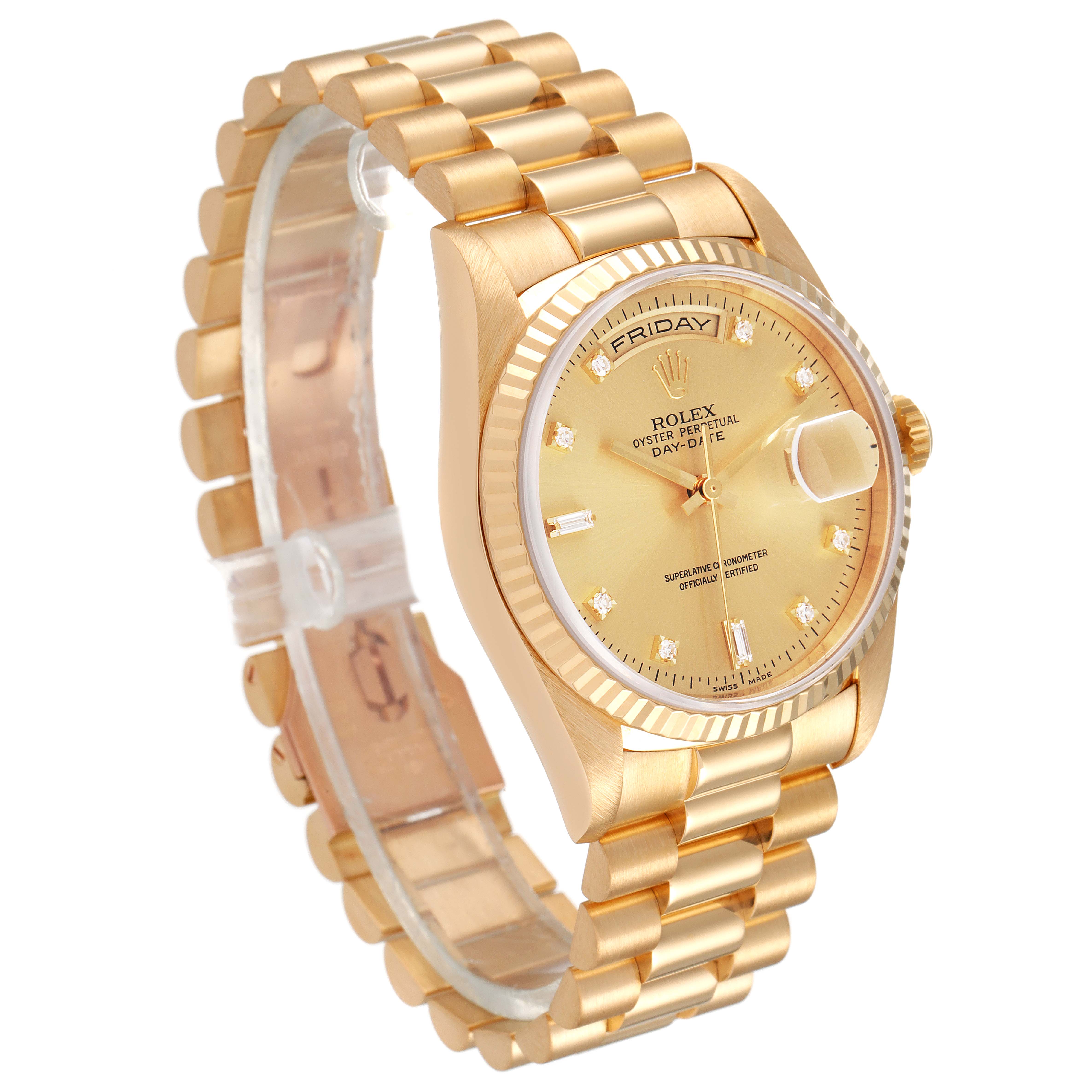 The Rolex President 18238 Men's Yellow Gold Champagne Dial 18238 Men's Yellow Gold Champagne Dial Day-Date watch is shown at an angled view, displaying the dial, bezel, bracelet, and crown.