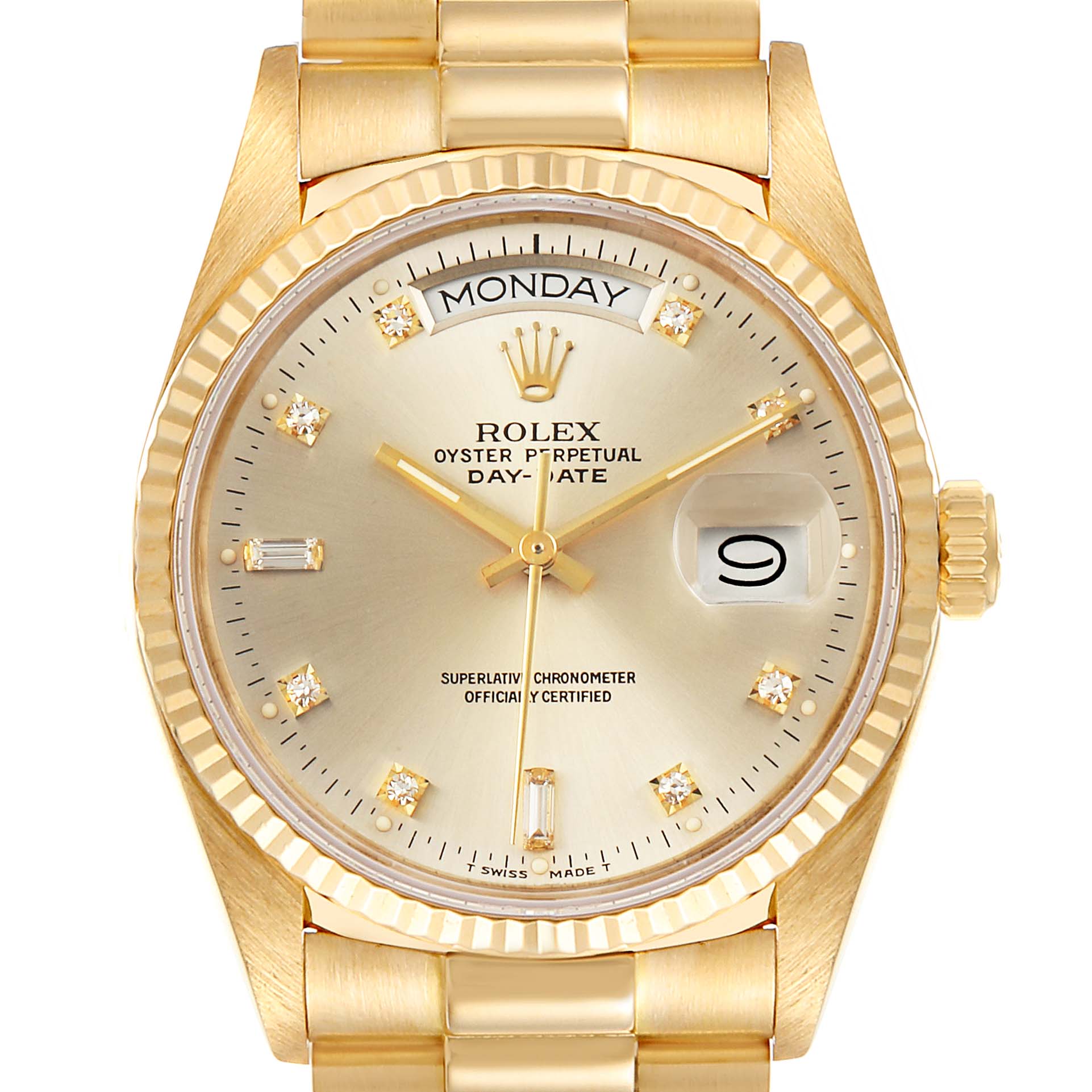 This image shows a front view of the Rolex President 18038 Men's Yellow Gold Silver Dial 18038 Men's Yellow Gold Silver Dial model watch, highlighting the face, bezel, and part of the bracelet.