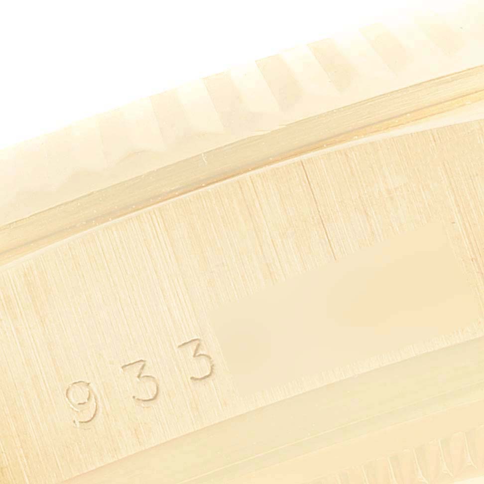 This image shows a close-up detail of the case and bezel of a Rolex President 18038 Men's Yellow Gold Silver Dial 18038 Men's Yellow Gold Silver Dial watch.