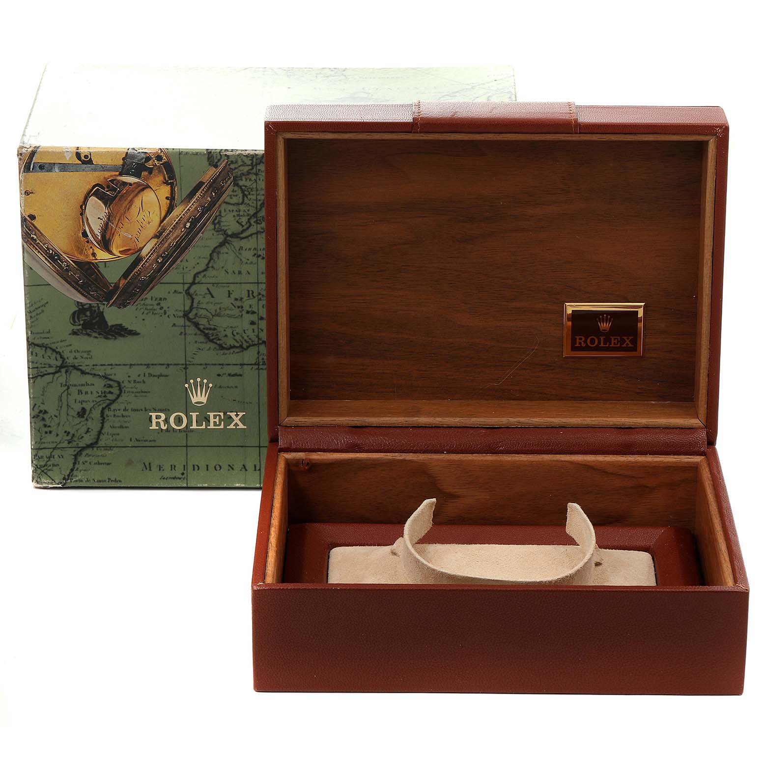The image shows a Rolex President 18038 Men's Yellow Gold Silver Dial 18038 Men's Yellow Gold Silver Dial model watch box, open to reveal the interior and a closed exterior packaging box behind it.
