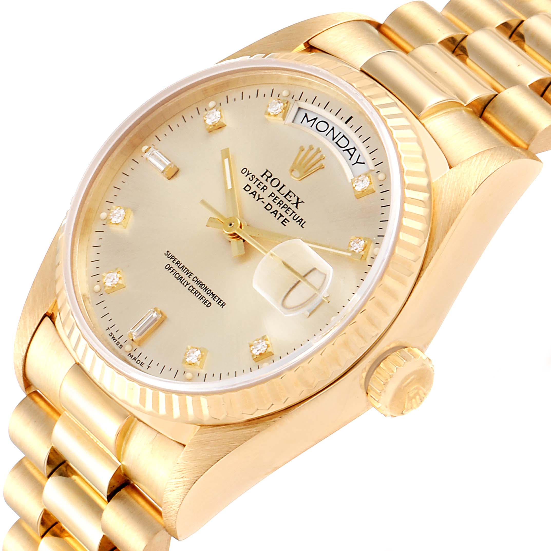 This image shows a close-up angled view of the dial, bezel, and part of the bracelet of a Rolex President 18038 Men's Yellow Gold Silver Dial 18038 Men's Yellow Gold Silver Dial model watch.