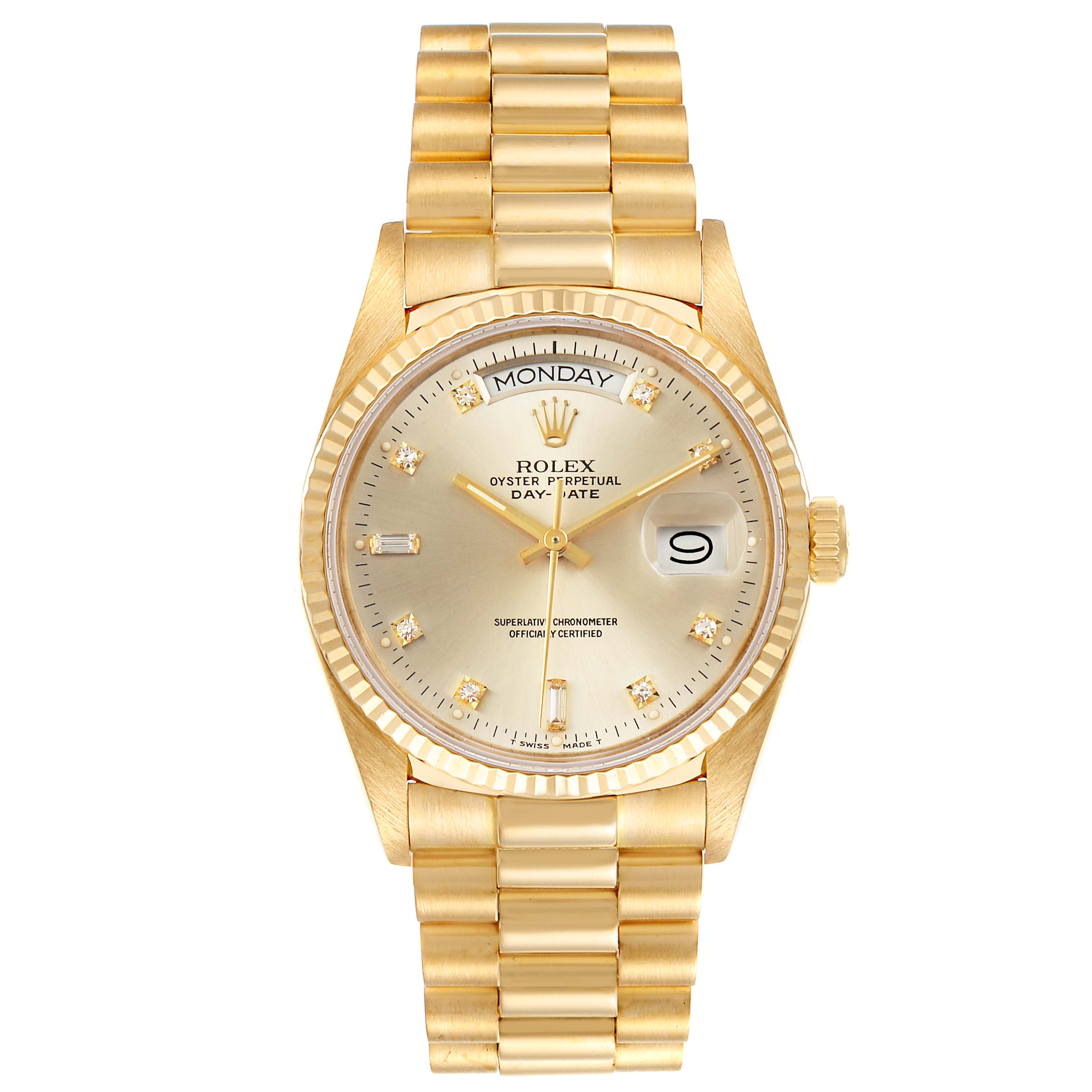 The image shows a front view of a Rolex President 18038 Men's Yellow Gold Silver Dial 18038 Men's Yellow Gold Silver Dial model watch, displaying the dial, day-date function, and bracelet.