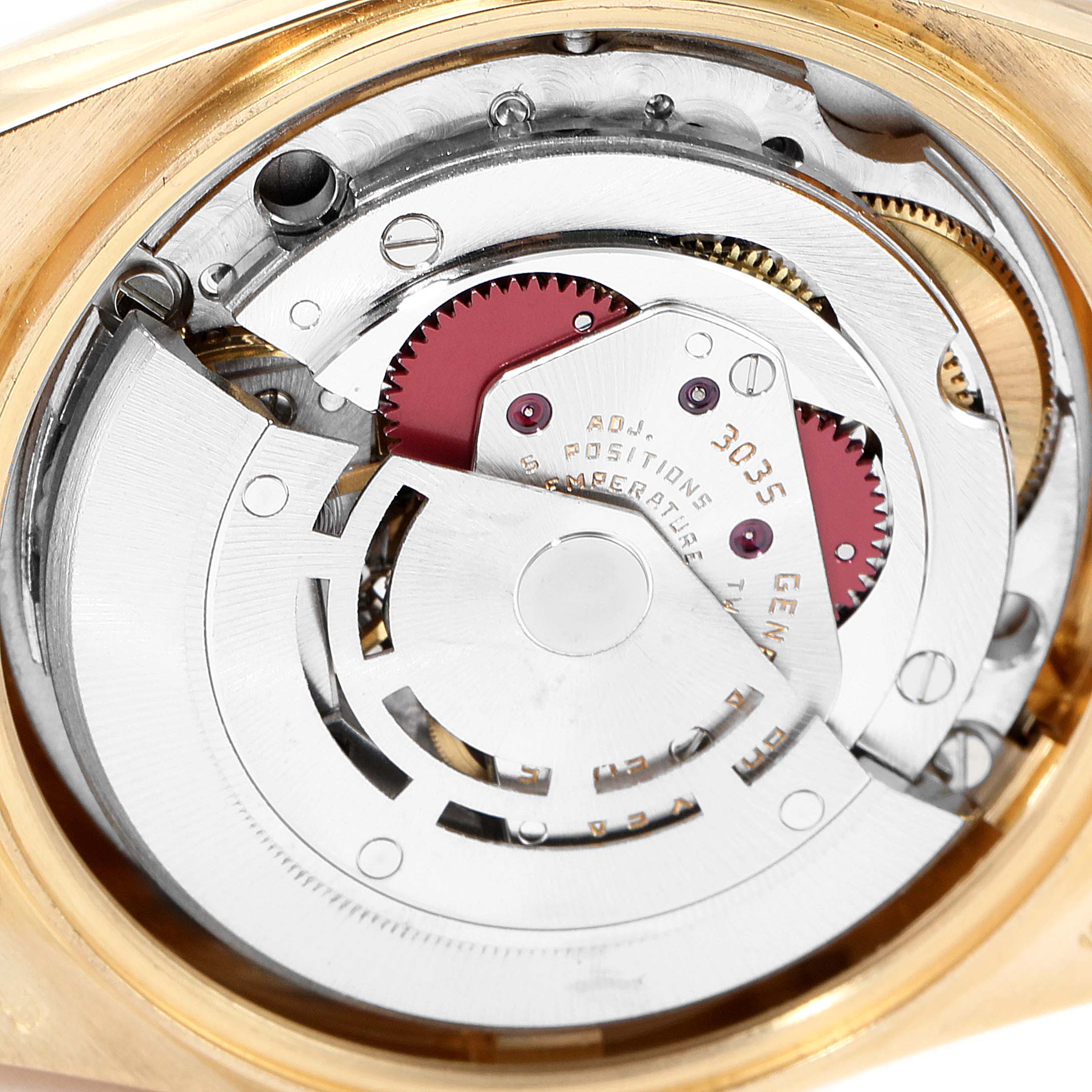 This close-up image shows the internal mechanism and movement parts of the Rolex President 18038 Men's Yellow Gold Silver Dial 18038 Men's Yellow Gold Silver Dial model watch.