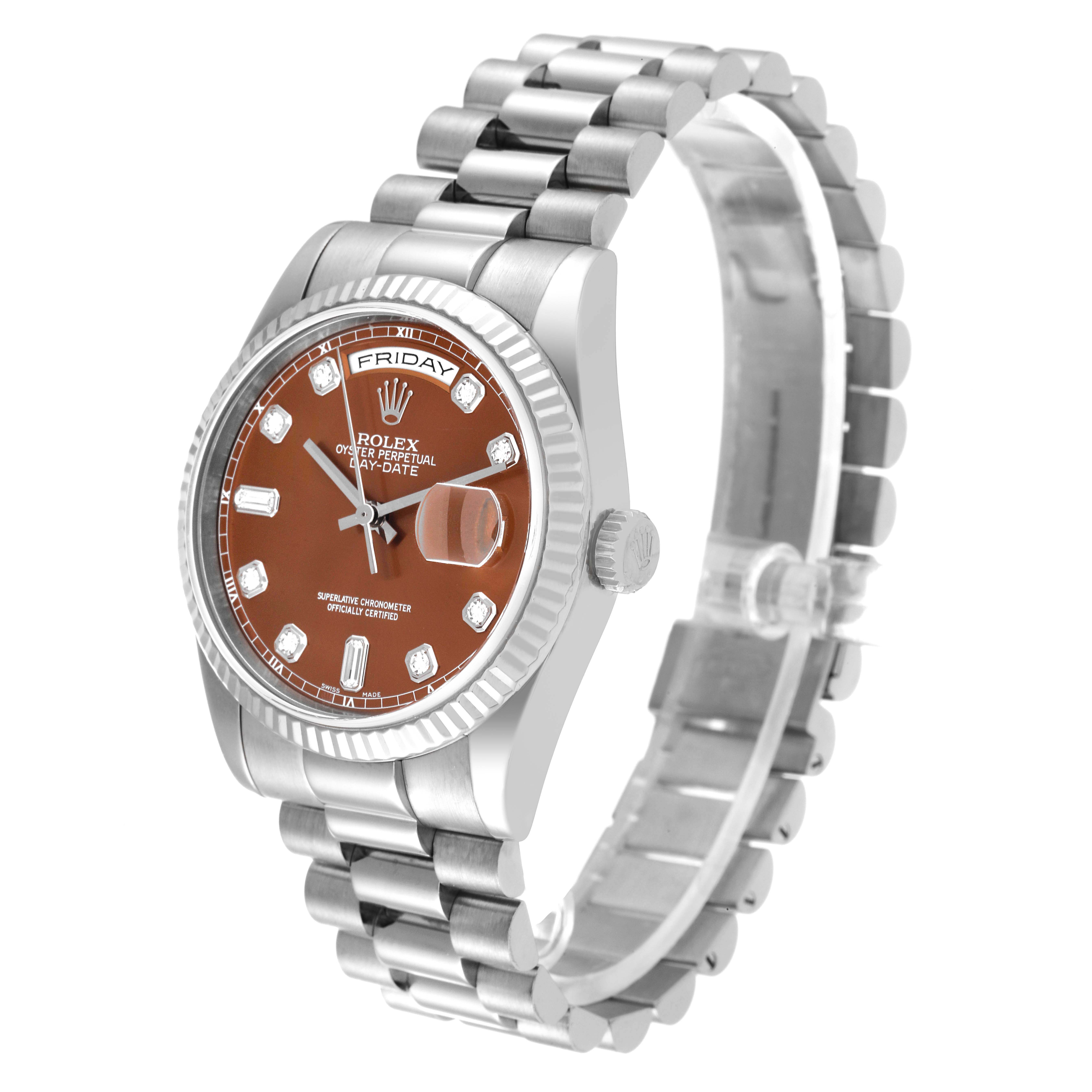 The image shows a Rolex President 118239 Men's White Gold Brown Dial 118239 Men's White Gold Brown Dial model watch at a three-quarter angle, highlighting the face, bezel, and bracelet.