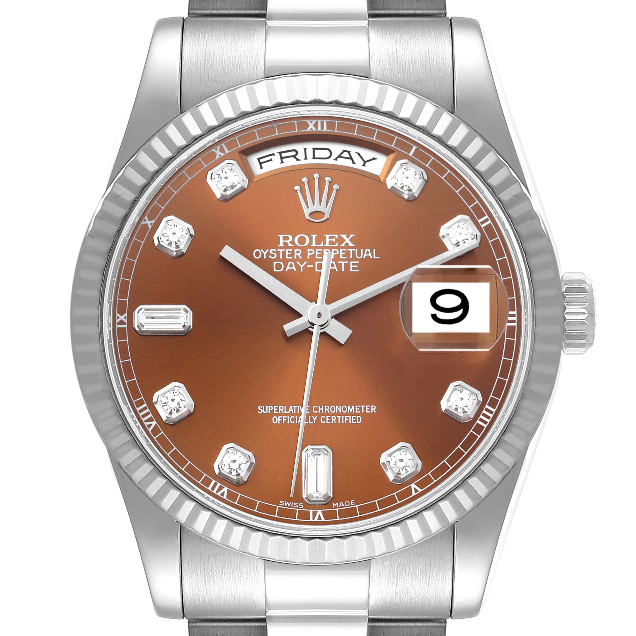 The Rolex President 118239 Men's White Gold Brown Dial 118239 Men's White Gold Brown Dial model watch is shown from a straight-on angle, capturing the dial, bezel, crown, and bracelet links.
