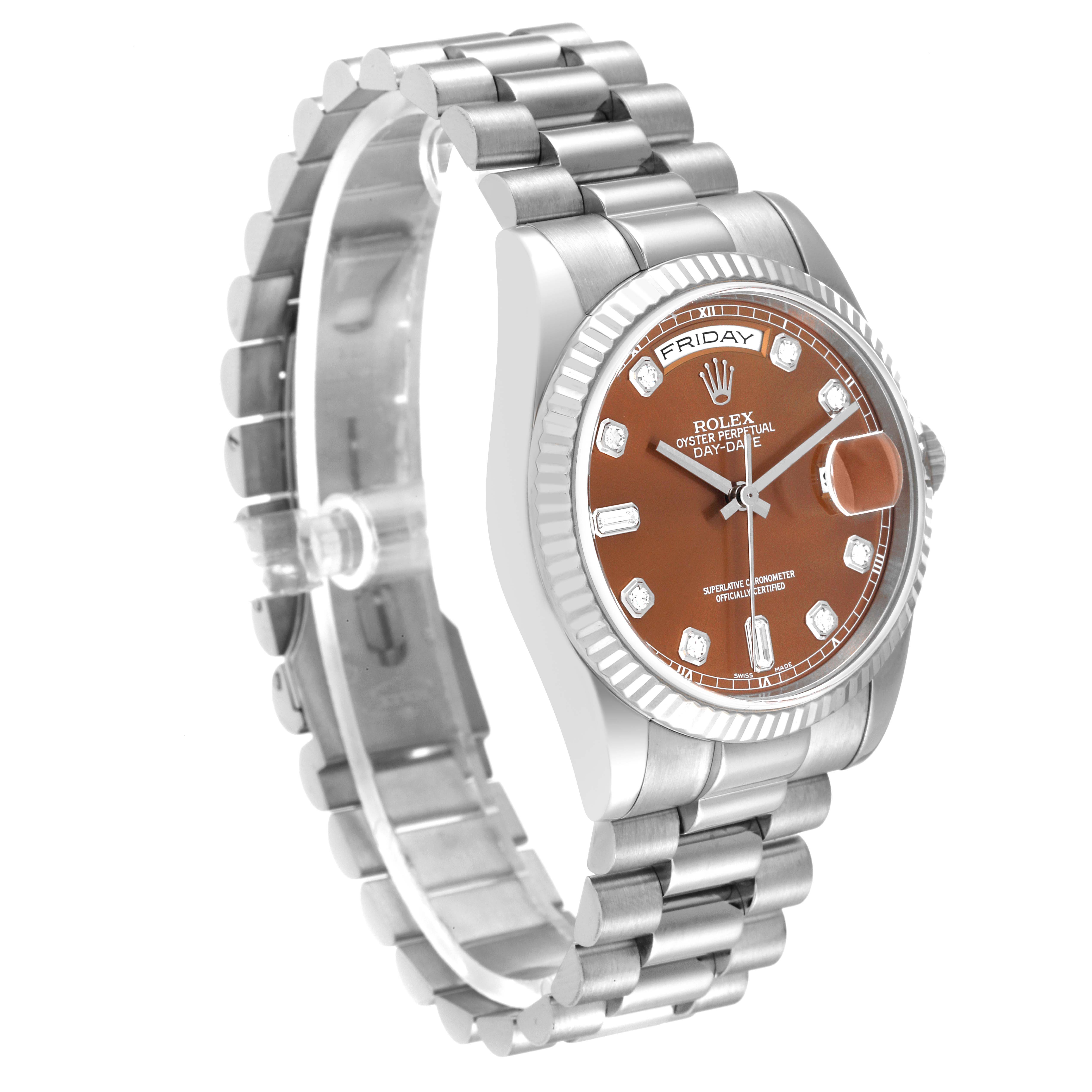 This image shows a side angle of the Rolex President 118239 Men's White Gold Brown Dial 118239 Men's White Gold Brown Dial watch, highlighting its bracelet, bezel, and face.