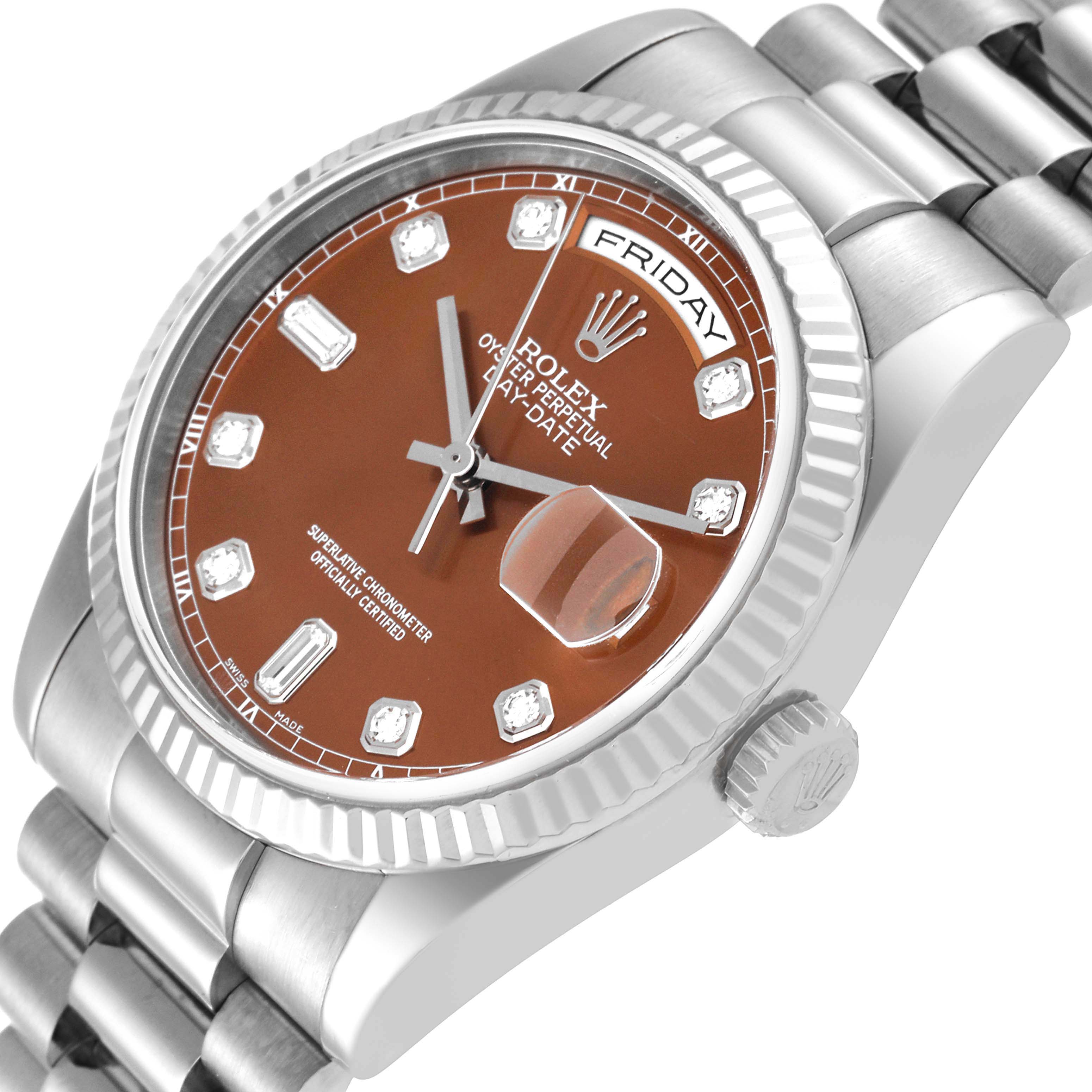 The image shows a side angle of the Rolex President 118239 Men's White Gold Brown Dial 118239 Men's White Gold Brown Dial model watch, displaying the dial, bezel, and part of the bracelet.