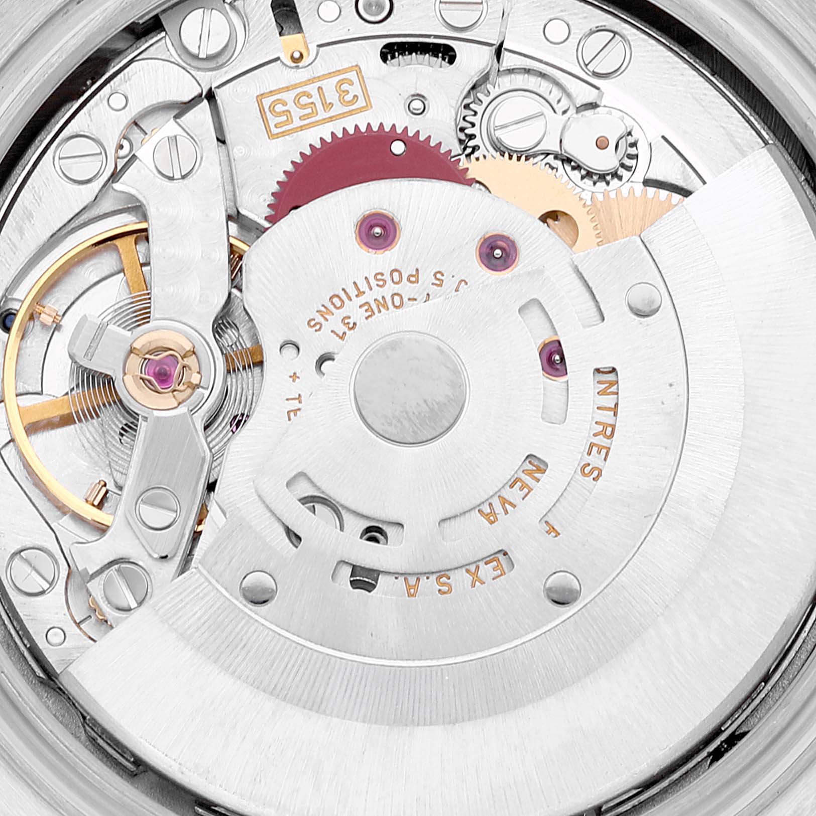 The image shows a close-up of the movement and internal components of a Rolex President 118239 Men's White Gold Brown Dial 118239 Men's White Gold Brown Dial model watch.